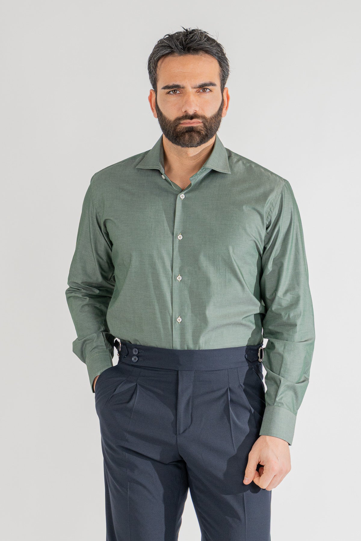 Camicia verde effetto denim tinta unita Regular Fit uomo 100% cotone popeline collo semi francese Tessuti Twill