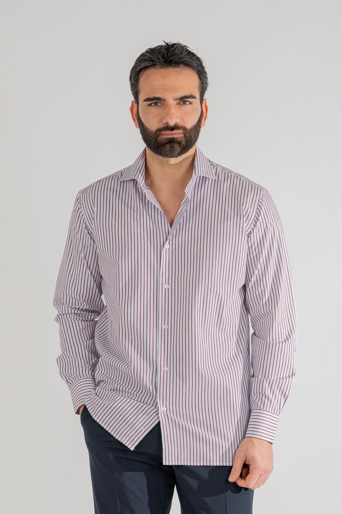 Camicia bordeaux a righe con righino royal Regular Fit uomo 100% cotone popeline collo semi francese