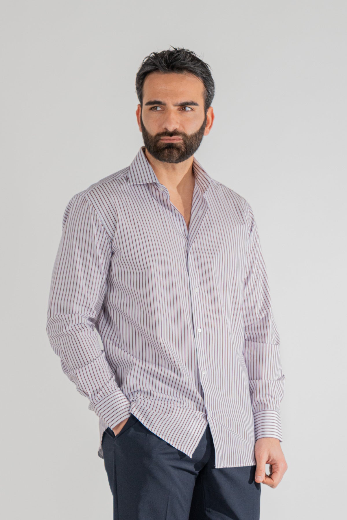Camicia bordeaux a righe con righino royal Regular Fit uomo 100% cotone popeline collo semi francese