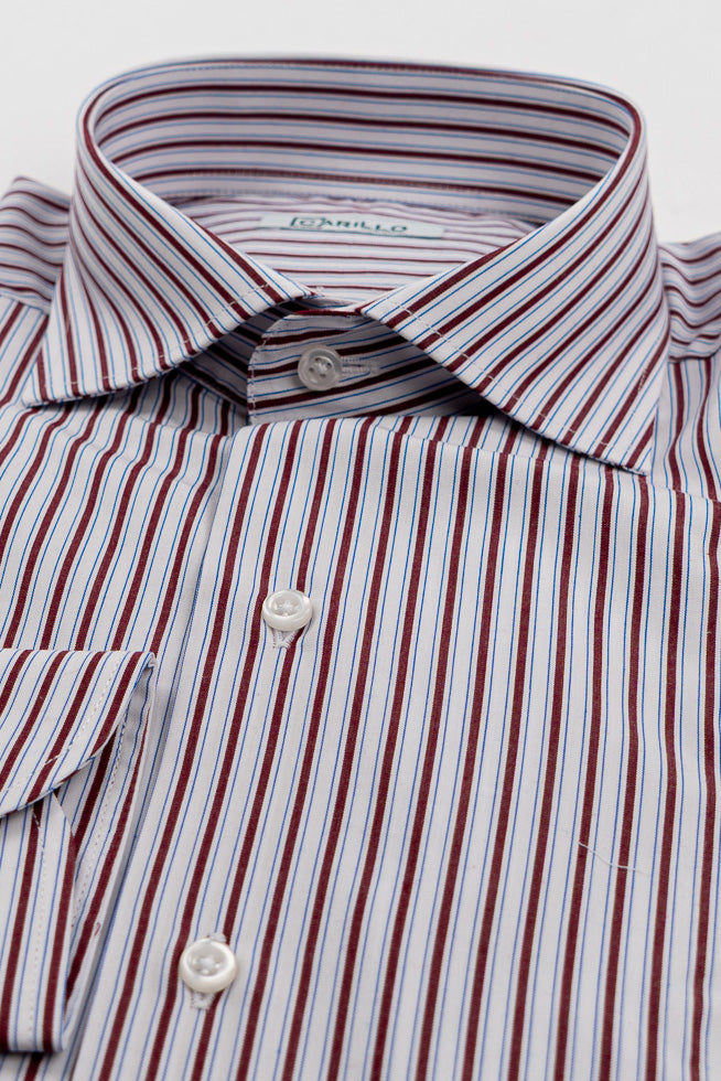 Camicia bordeaux a righe con righino royal Regular Fit uomo 100% cotone popeline collo semi francese