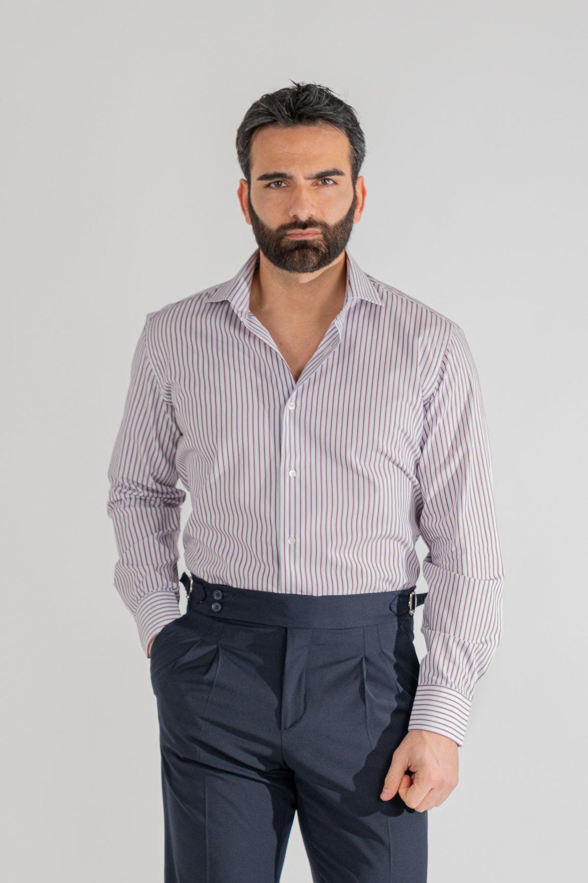 Camicia bordeaux a righe con righino royal Regular Fit uomo 100% cotone popeline collo semi francese