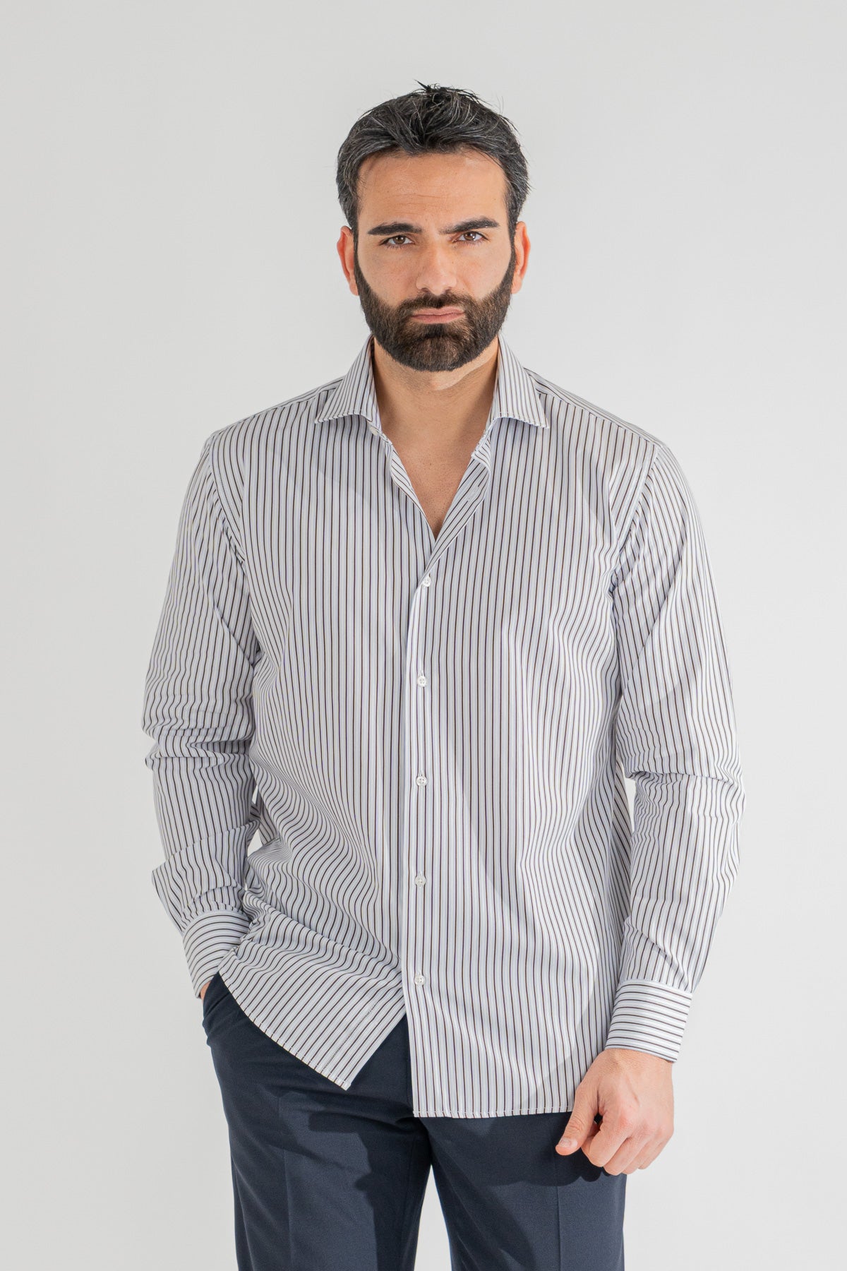 Camicia marrone a righe con righino royal Regular Fit uomo 100% cotone popeline collo semi francese