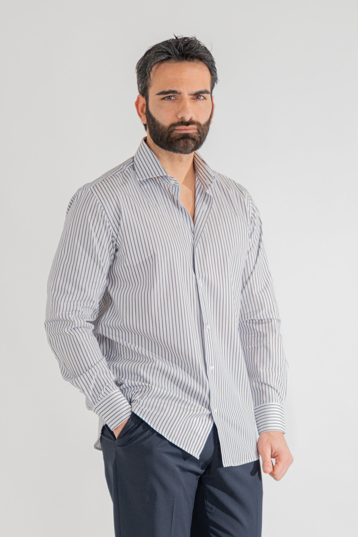 Camicia marrone a righe con righino royal Regular Fit uomo 100% cotone popeline collo semi francese