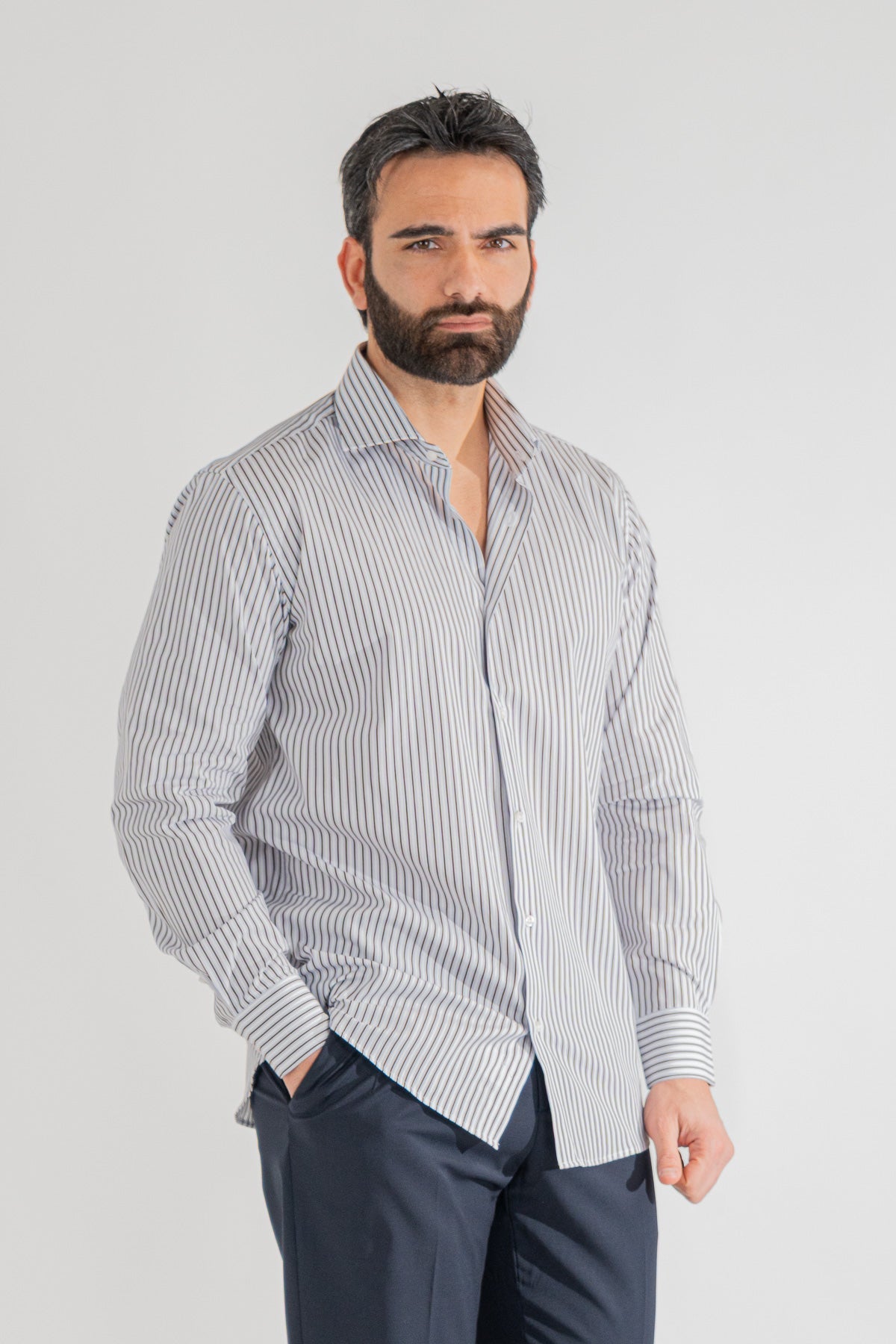 Camicia marrone a righe con righino royal Regular Fit uomo 100% cotone popeline collo semi francese