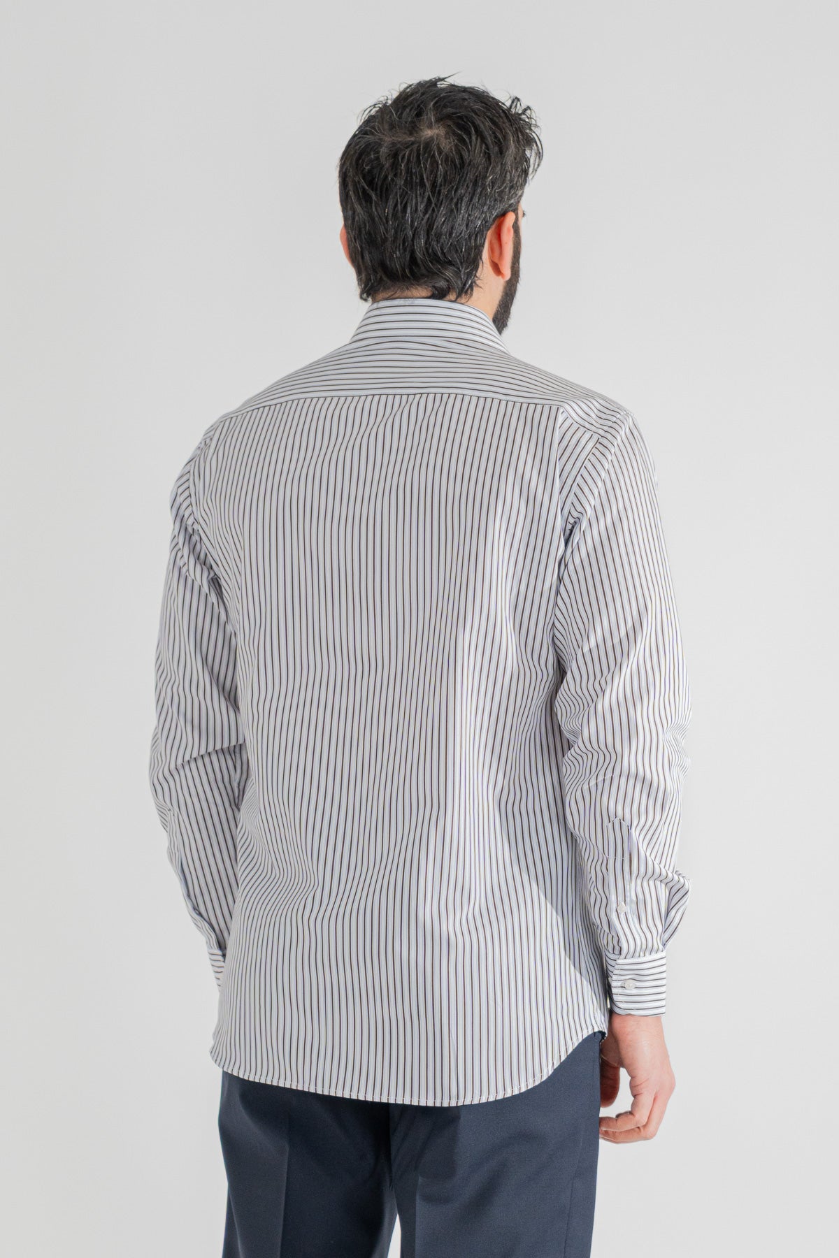 Camicia marrone a righe con righino royal Regular Fit uomo 100% cotone popeline collo semi francese