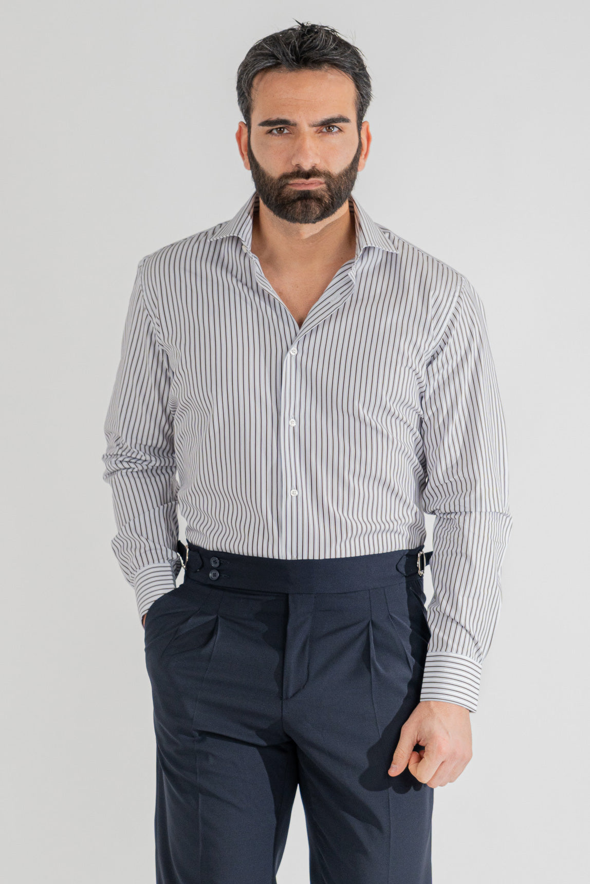 Camicia marrone a righe con righino royal Regular Fit uomo 100% cotone popeline collo semi francese