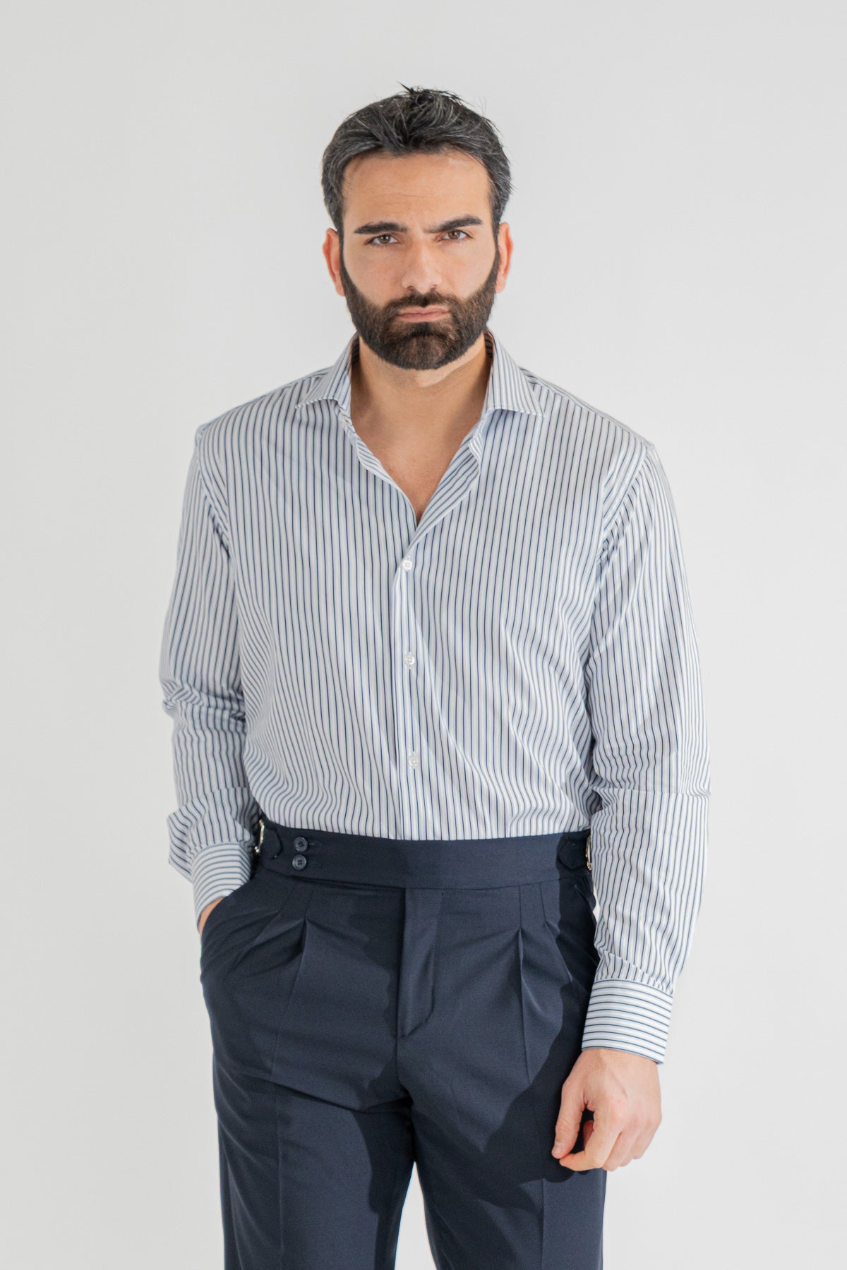 Camicia blu a righe con righino royal Regular Fit uomo 100% cotone popeline collo semi francese