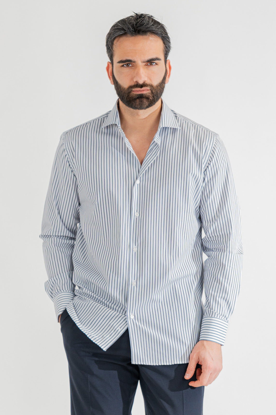 Camicia blu a righe con righino royal Regular Fit uomo 100% cotone popeline collo semi francese