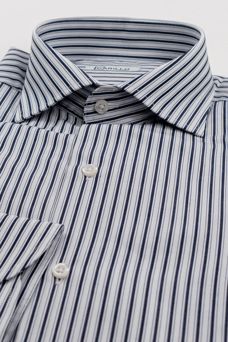 Camicia blu a righe con righino royal Regular Fit uomo 100% cotone popeline collo semi francese