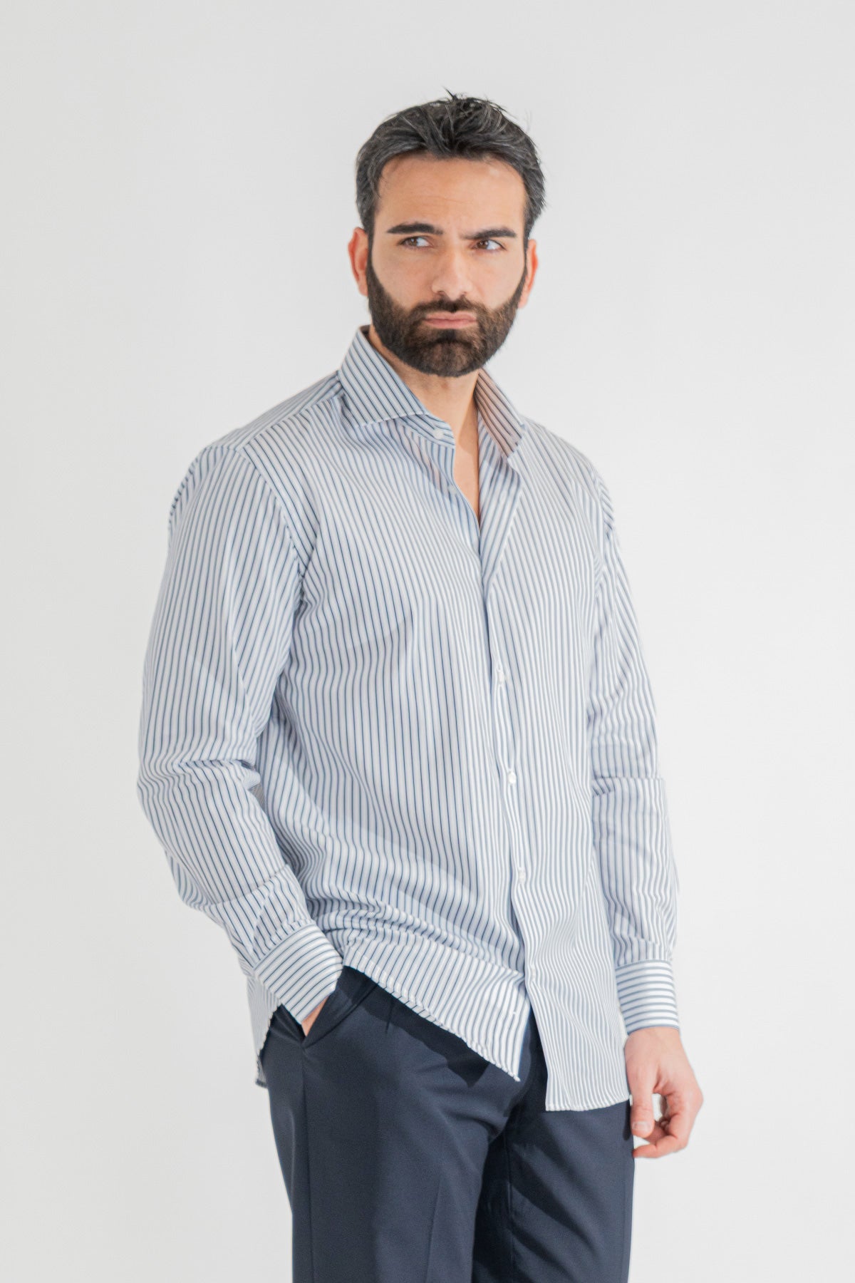 Camicia blu a righe con righino royal Regular Fit uomo 100% cotone popeline collo semi francese