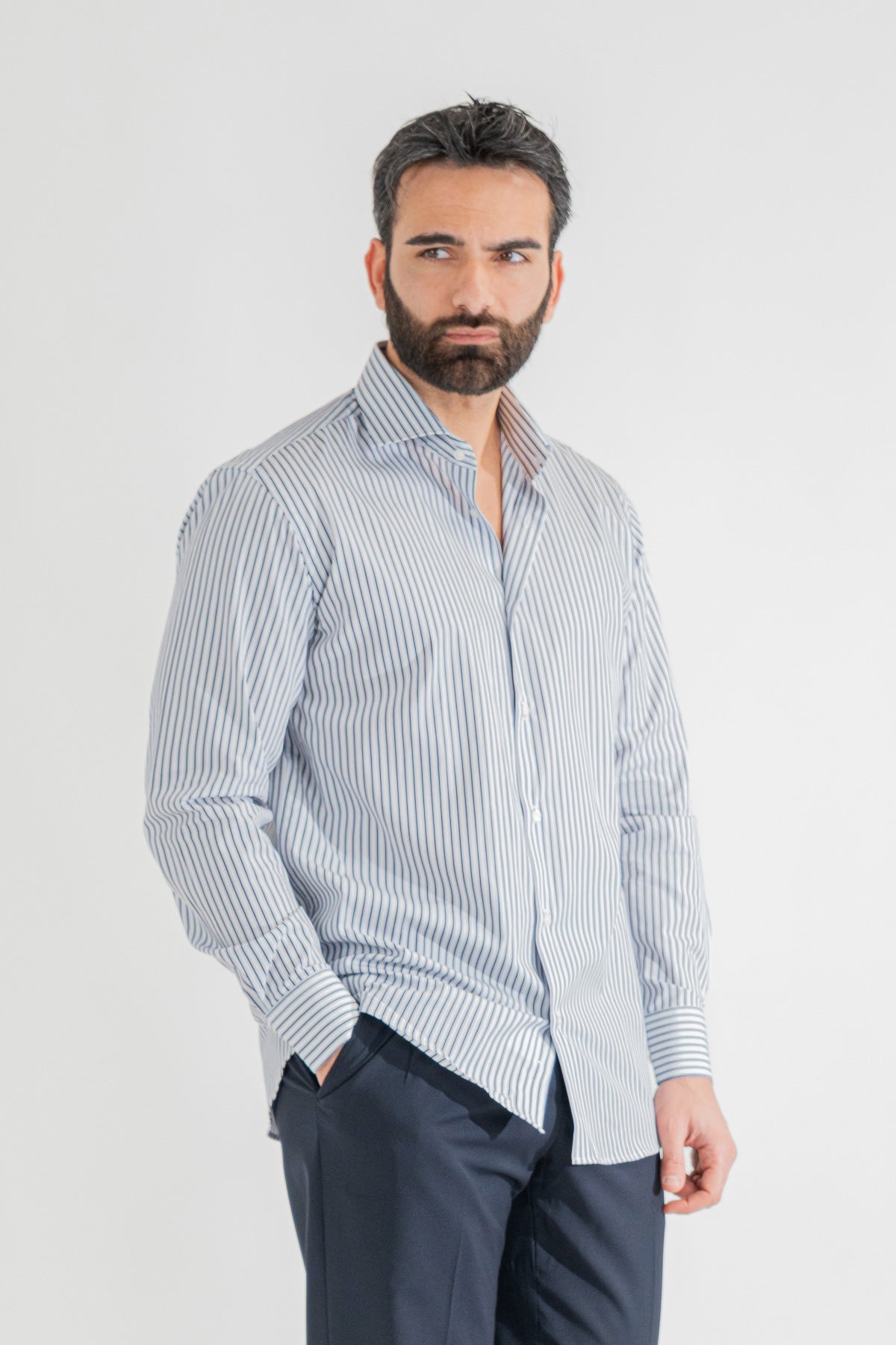 Camicia blu a righe con righino royal Regular Fit uomo 100% cotone popeline collo semi francese