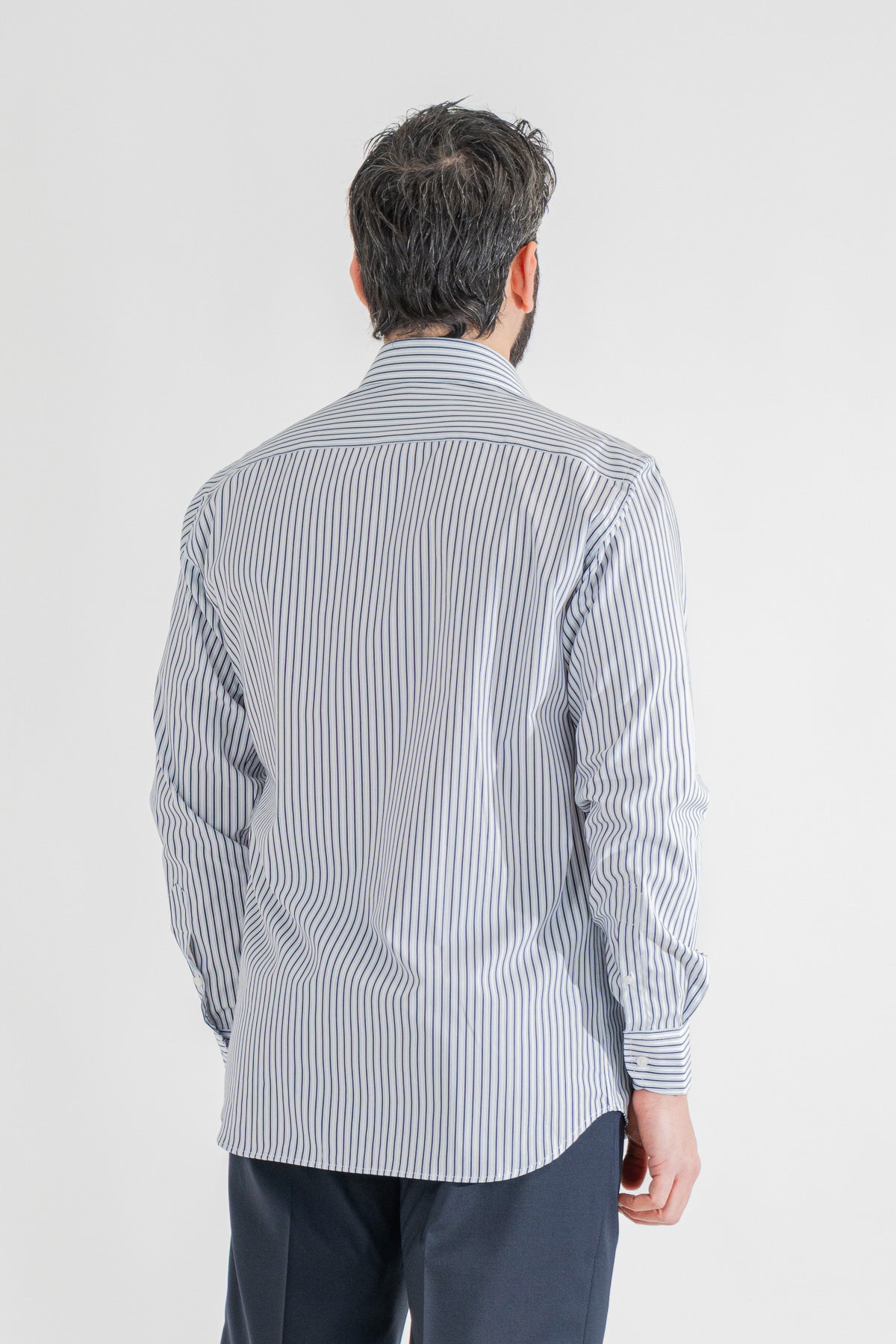 Camicia blu a righe con righino royal Regular Fit uomo 100% cotone popeline collo semi francese