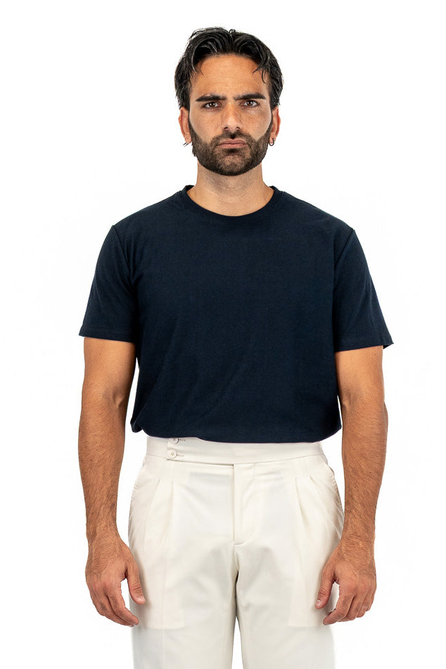 T-shirt da uomo Blu in piquet 100% cotone mezza manica slim fit tinta unita Made In Italy