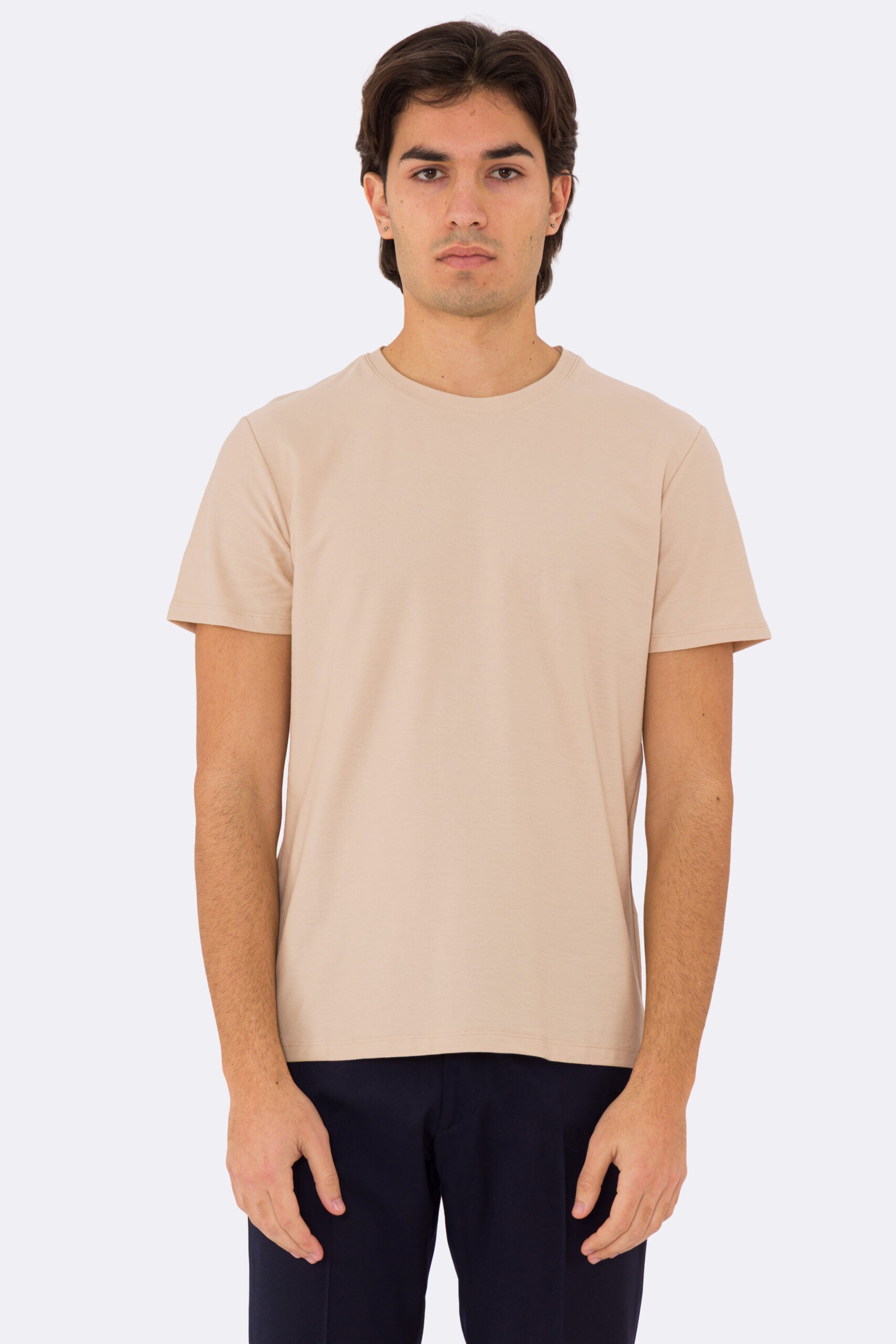 T-shirt da uomo Beige in piquet 100% cotone mezza manica slim fit tinta unita Made In Italy