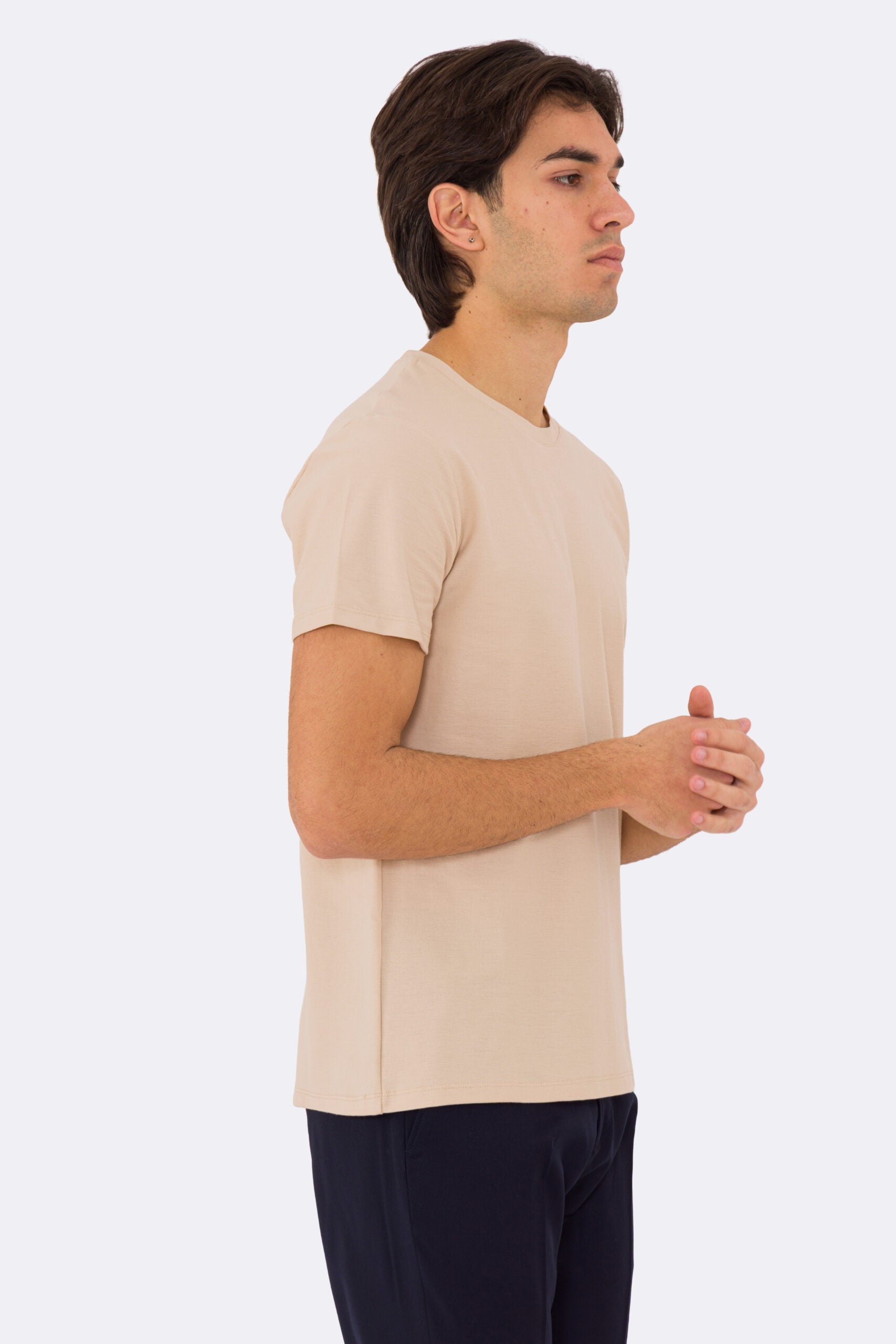 T-shirt da uomo Beige in piquet 100% cotone mezza manica slim fit tinta unita Made In Italy