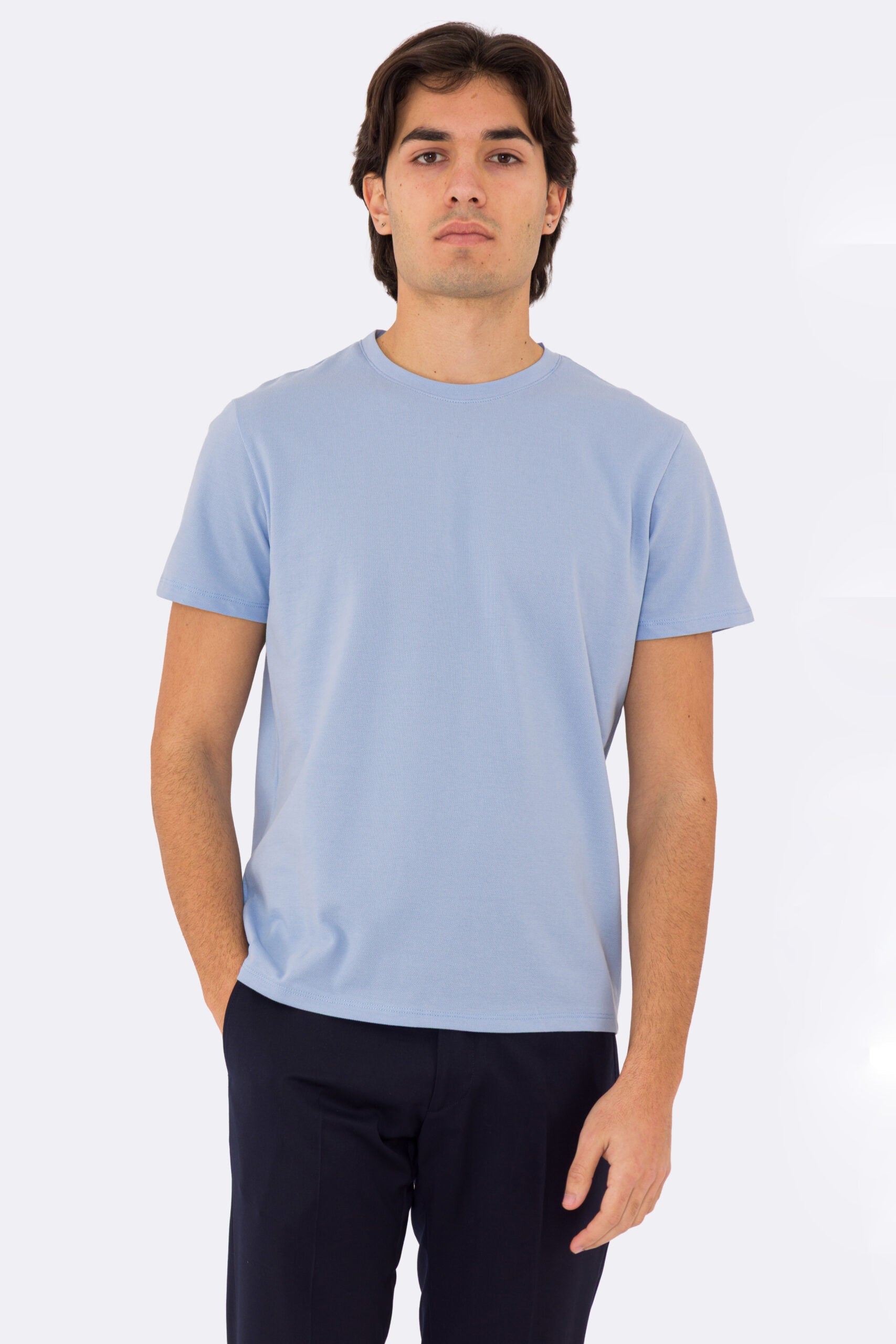 T-shirt da uomo Celeste in piquet 100% cotone mezza manica slim fit tinta unita Made In Italy