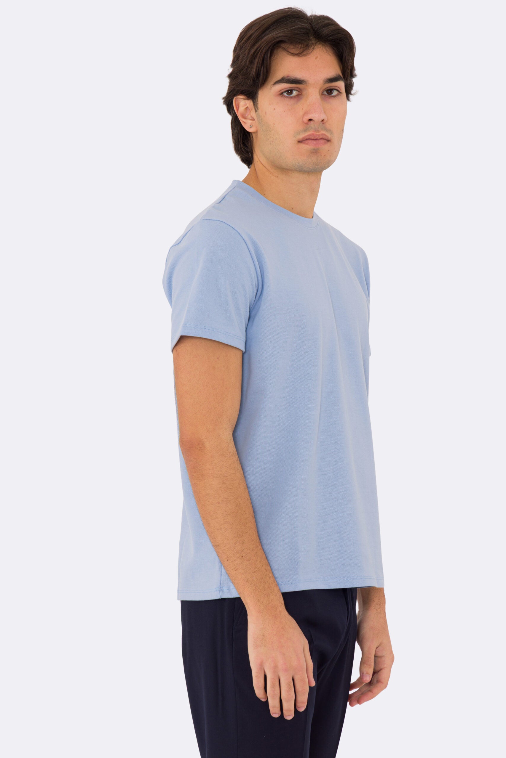 T-shirt da uomo Celeste in piquet 100% cotone mezza manica slim fit tinta unita Made In Italy