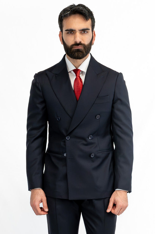 Abito blu Doppiopetto fresco lana Tessuto Vitale Barberis Canonico completamente sfoderato con Rever a lancia e tasche a filetto