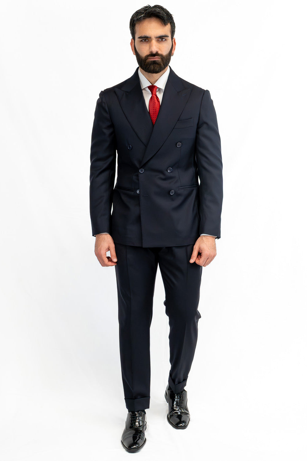 Abito blu Doppiopetto fresco lana Tessuto Vitale Barberis Canonico completamente sfoderato con Rever a lancia e tasche a filetto