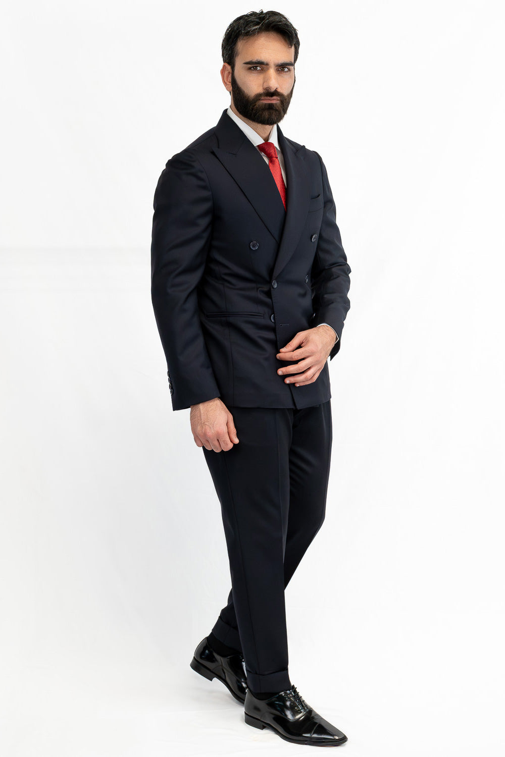Abito blu Doppiopetto fresco lana Tessuto Vitale Barberis Canonico completamente sfoderato con Rever a lancia e tasche a filetto