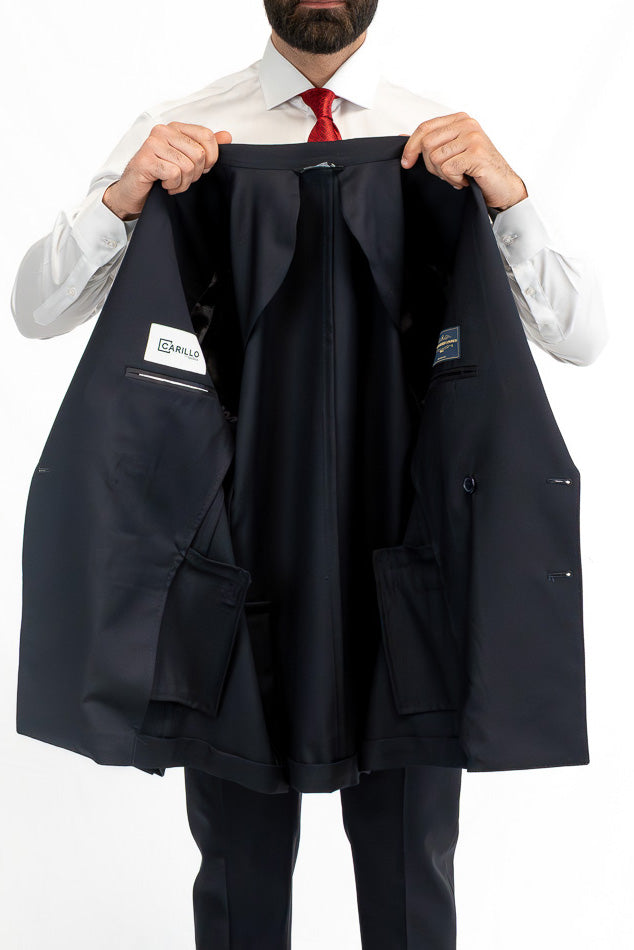 Abito blu Doppiopetto fresco lana Tessuto Vitale Barberis Canonico completamente sfoderato con Rever a lancia e tasche a filetto