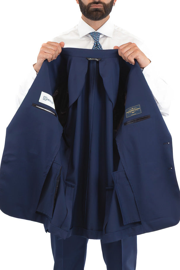 Abito blu royal monopetto fresco lana TessutiVitale Barberis Canonico completamente sfoderato con Rever a lancia e tasche a filetto