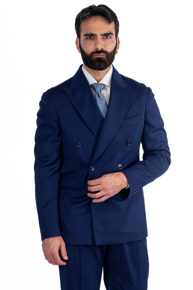 Abito blu royal doppiopetto fresco lana TessutiVitale Barberis Canonico completamente sfoderato con Rever a lancia e tasche a filetto