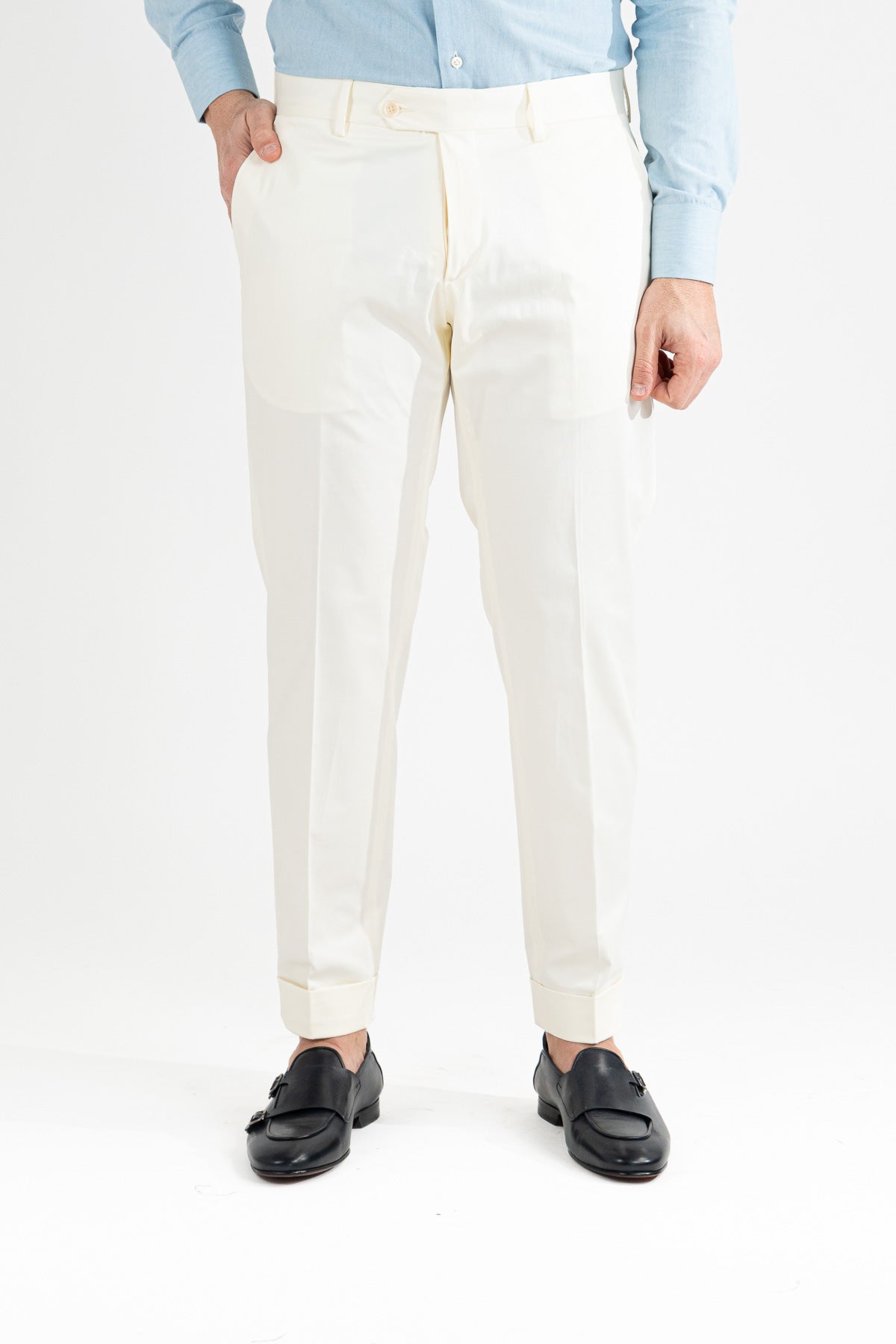 Pantalone uomo panna senza pinces tasca america in cotone leggermente elastico risvolto 5cm made in italy