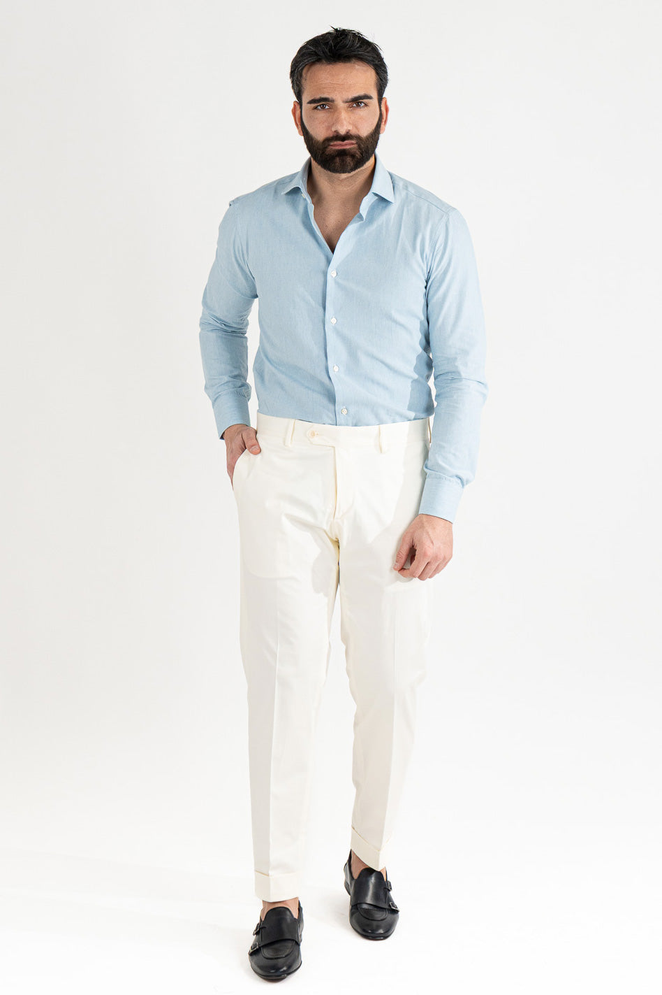 Pantalone uomo panna senza pinces tasca america in cotone leggermente elastico risvolto 5cm made in italy