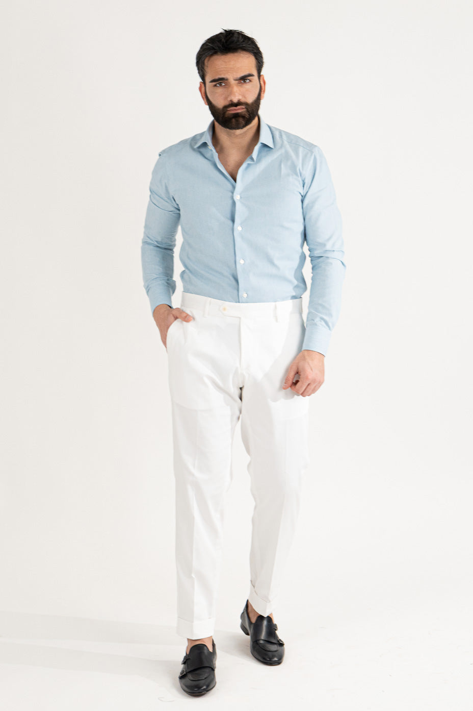 Pantalone uomo bianco senza pinces tasca america in cotone leggermente elastico risvolto 5cm made in italy