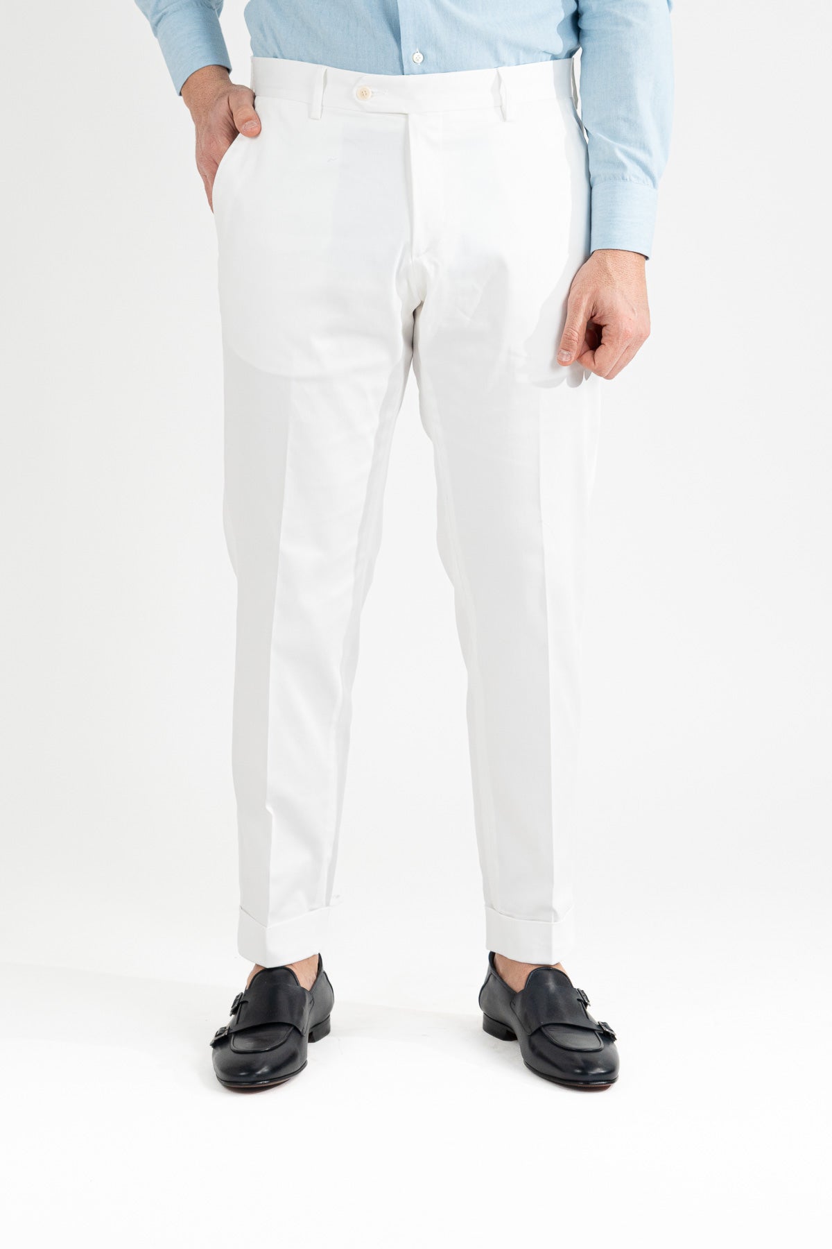 Pantalone uomo bianco senza pinces tasca america in cotone leggermente elastico risvolto 5cm made in italy