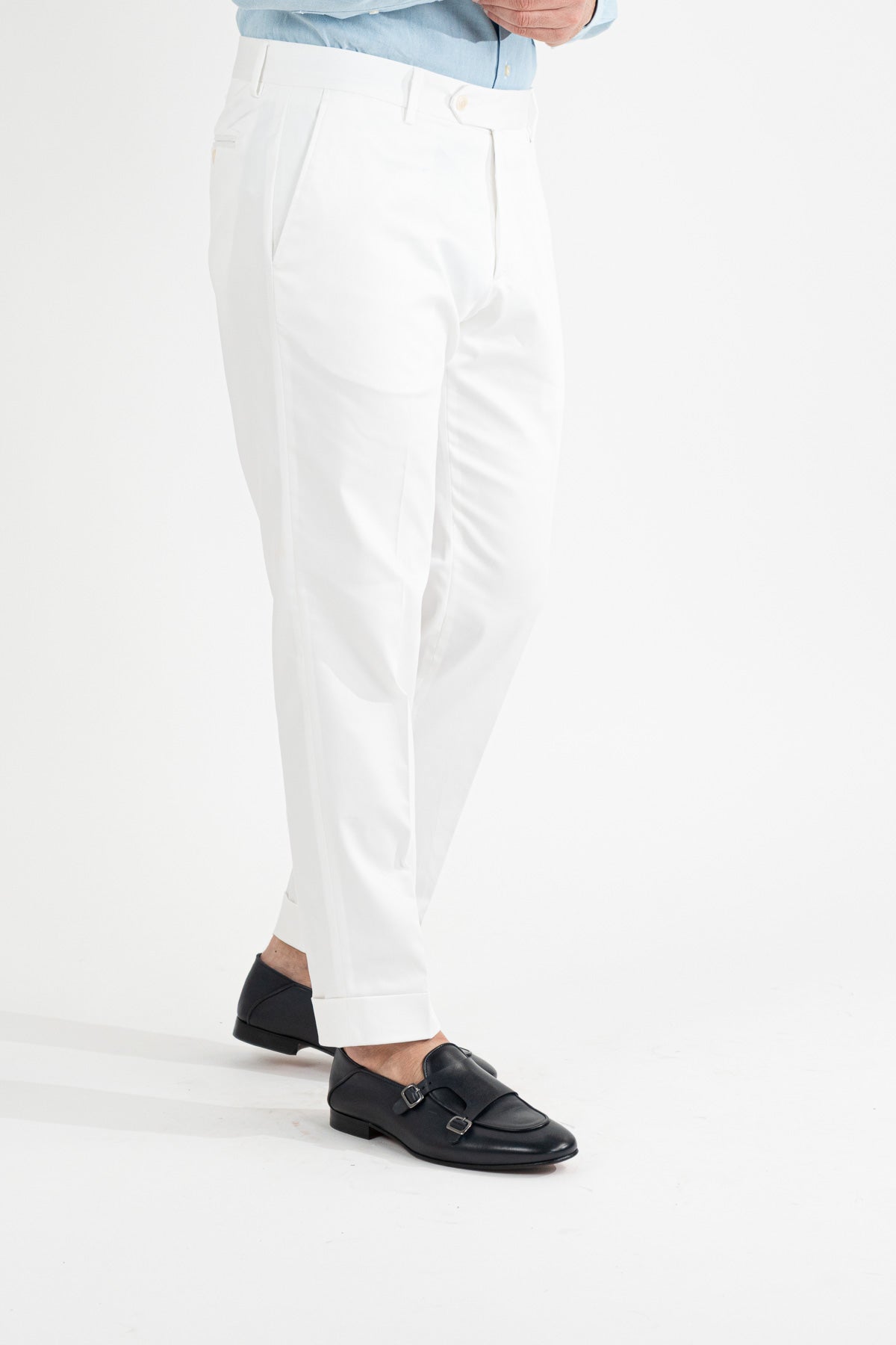 Pantalone uomo bianco senza pinces tasca america in cotone leggermente elastico risvolto 5cm made in italy