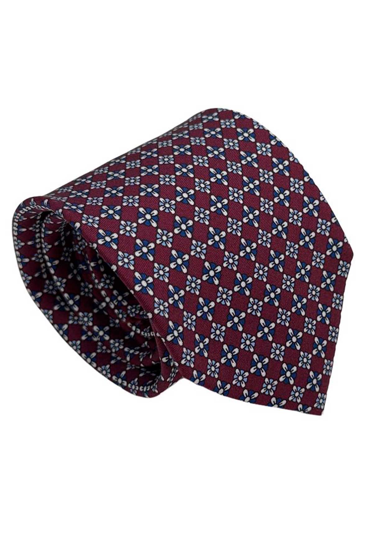 Cravatta uomo bordeaux fantasia in pura seta cucita a mano costruzione 3 piege larghezza 9cm