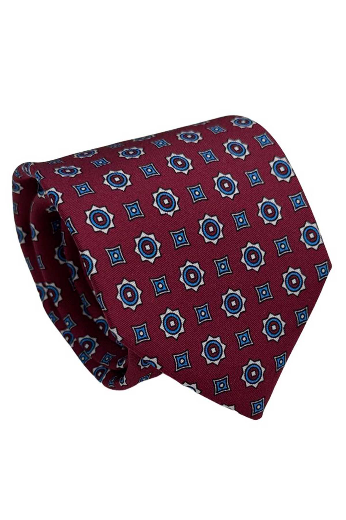 Cravatta uomo bordeaux fantasia in pura seta cucita a mano costruzione 3 piege larghezza 9cm