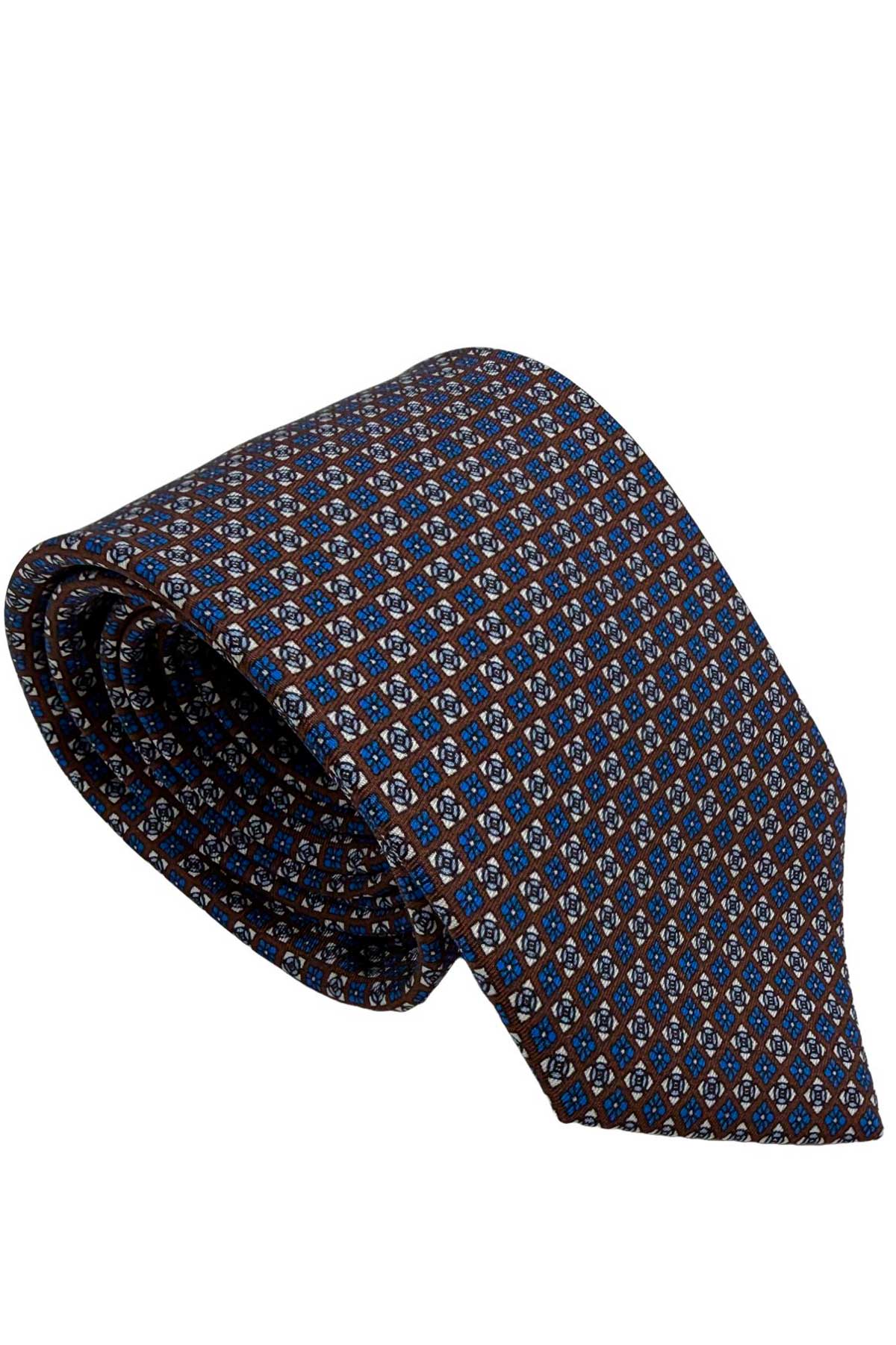 Cravatta uomo Marrone fantasia in pura seta cucita a mano costruzione 3 piege larghezza 9cm