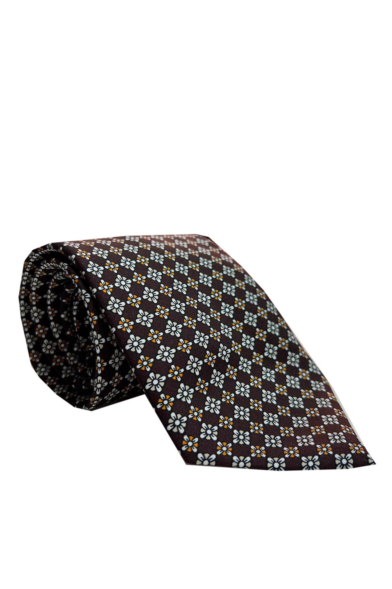 Cravatta uomo Marrone fantasia in pura seta cucita a mano costruzione 3 piege larghezza 9cm