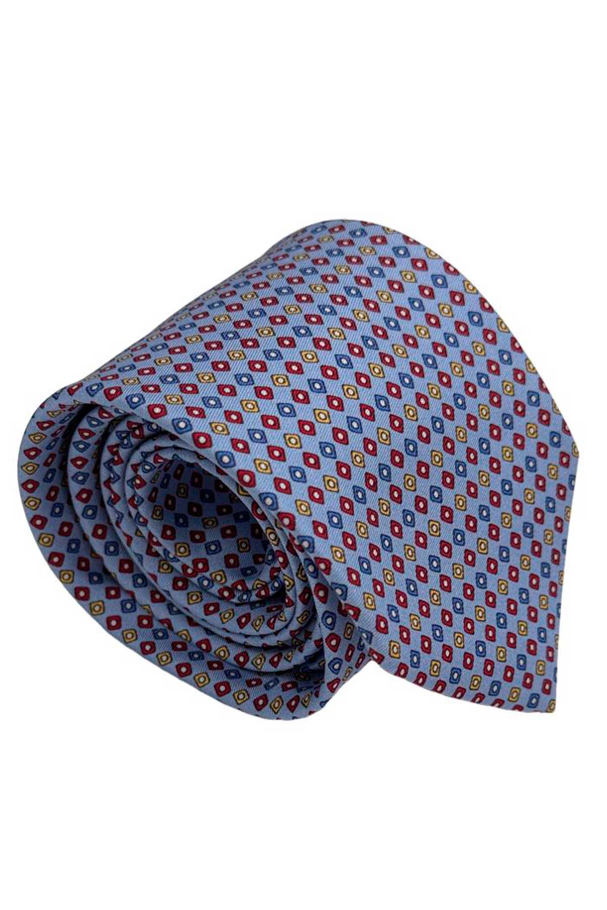 Cravatta uomo celeste fantasia in pura seta cucita a mano costruzione 3 piege larghezza 9cm