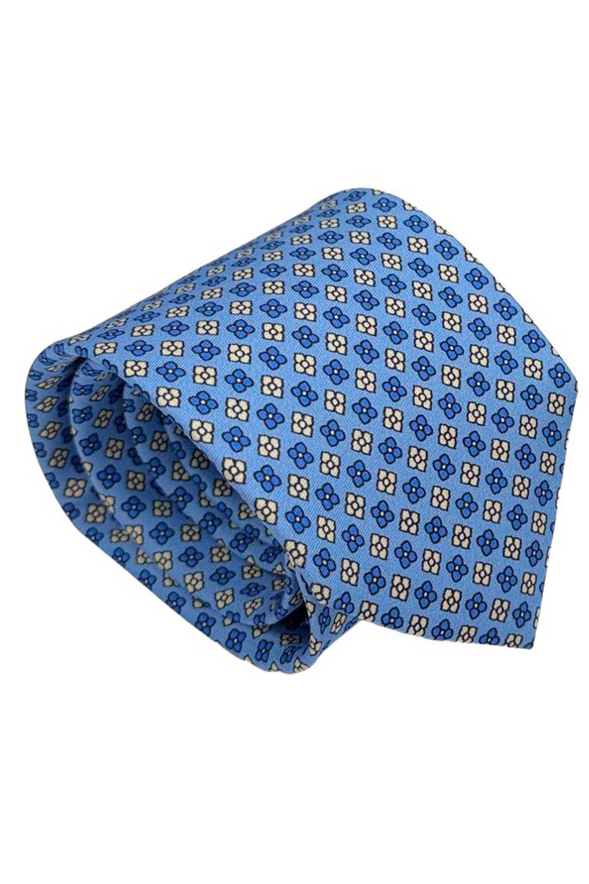 Cravatta uomo celeste fantasia in pura seta cucita a mano costruzione 3 piege larghezza 9cm