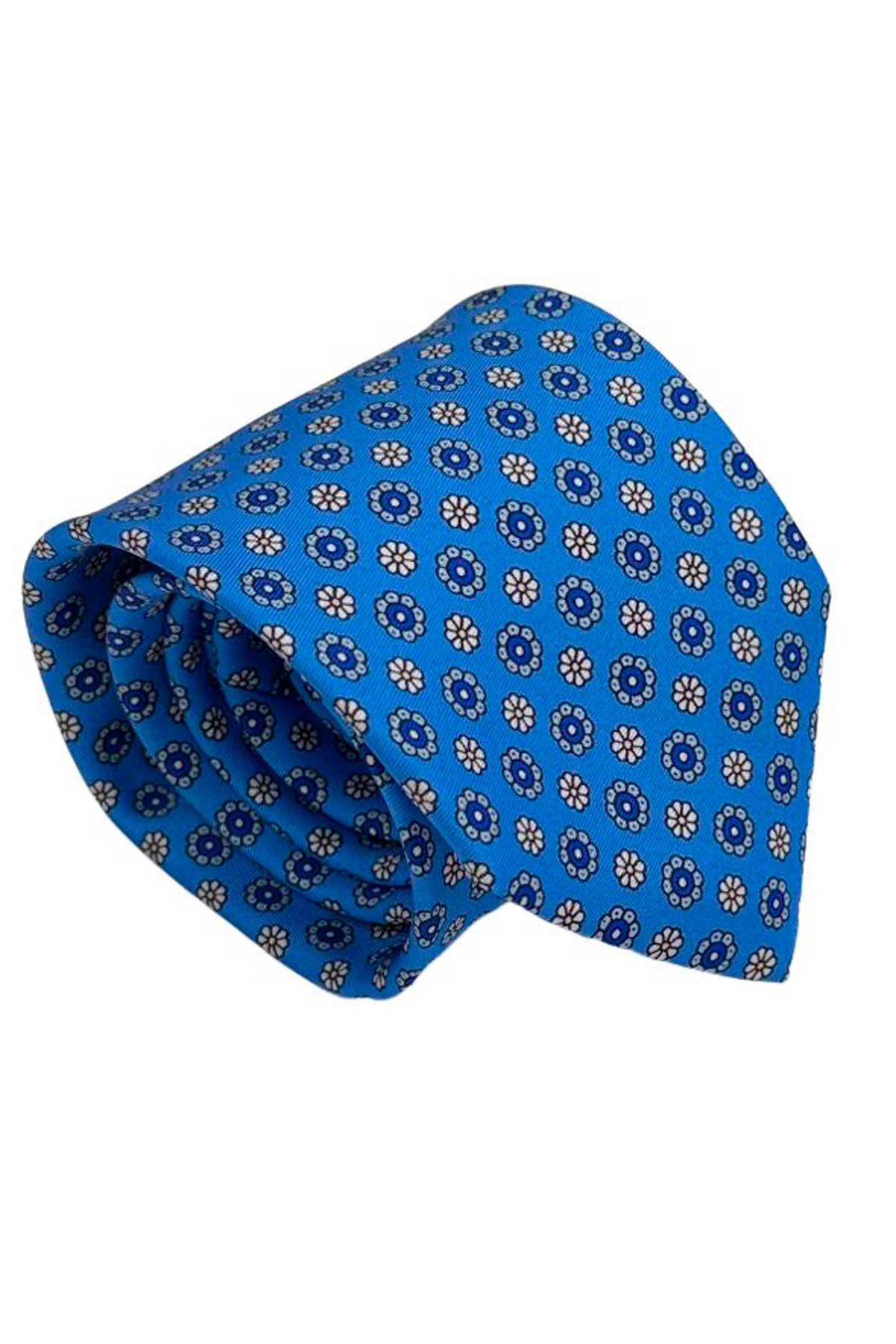 Cravatta uomo celeste fantasia in pura seta cucita a mano costruzione 3 piege larghezza 9cm
