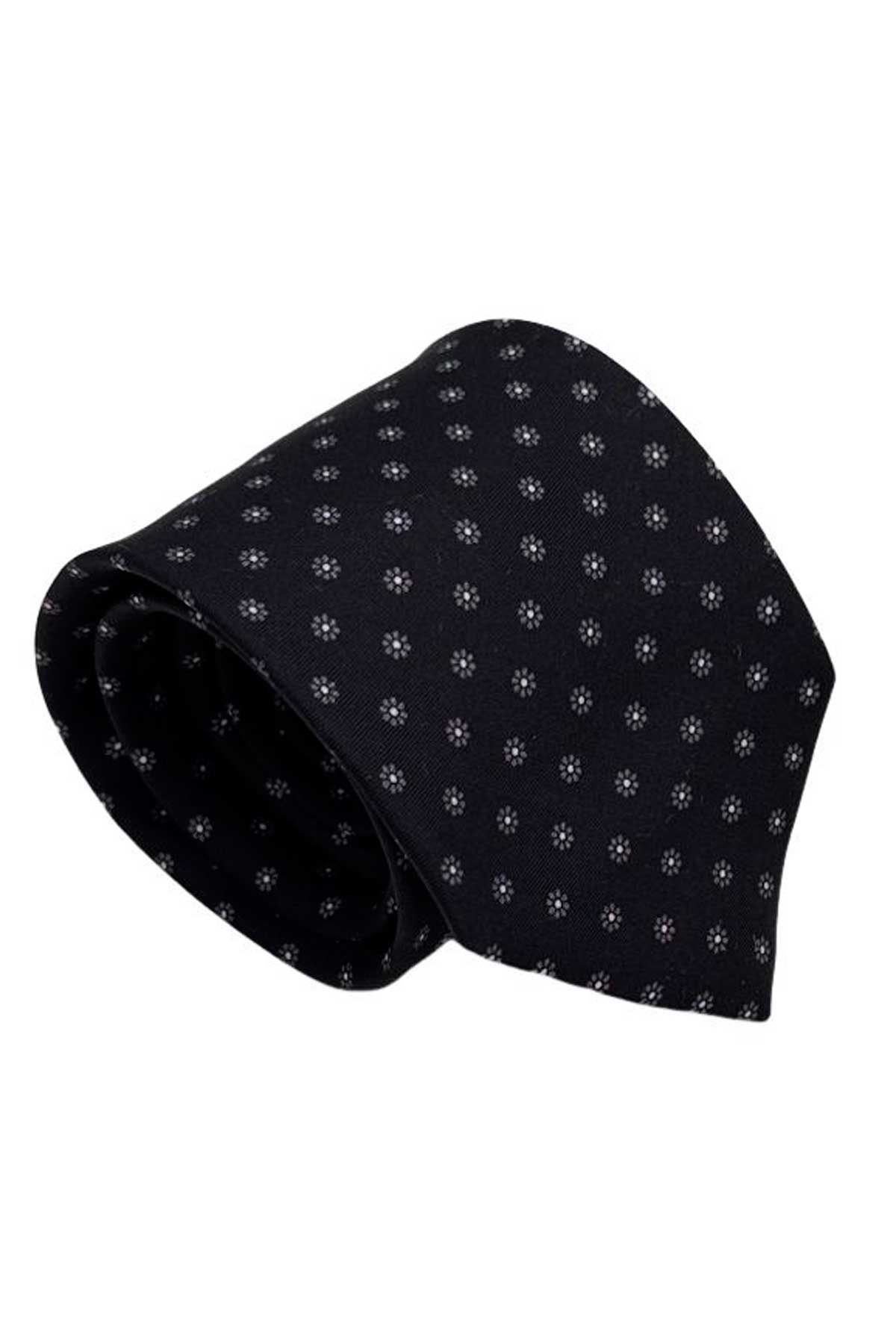 Cravatta uomo nera fantasia in pura seta cucita a mano costruzione 3 piege larghezza 9cm