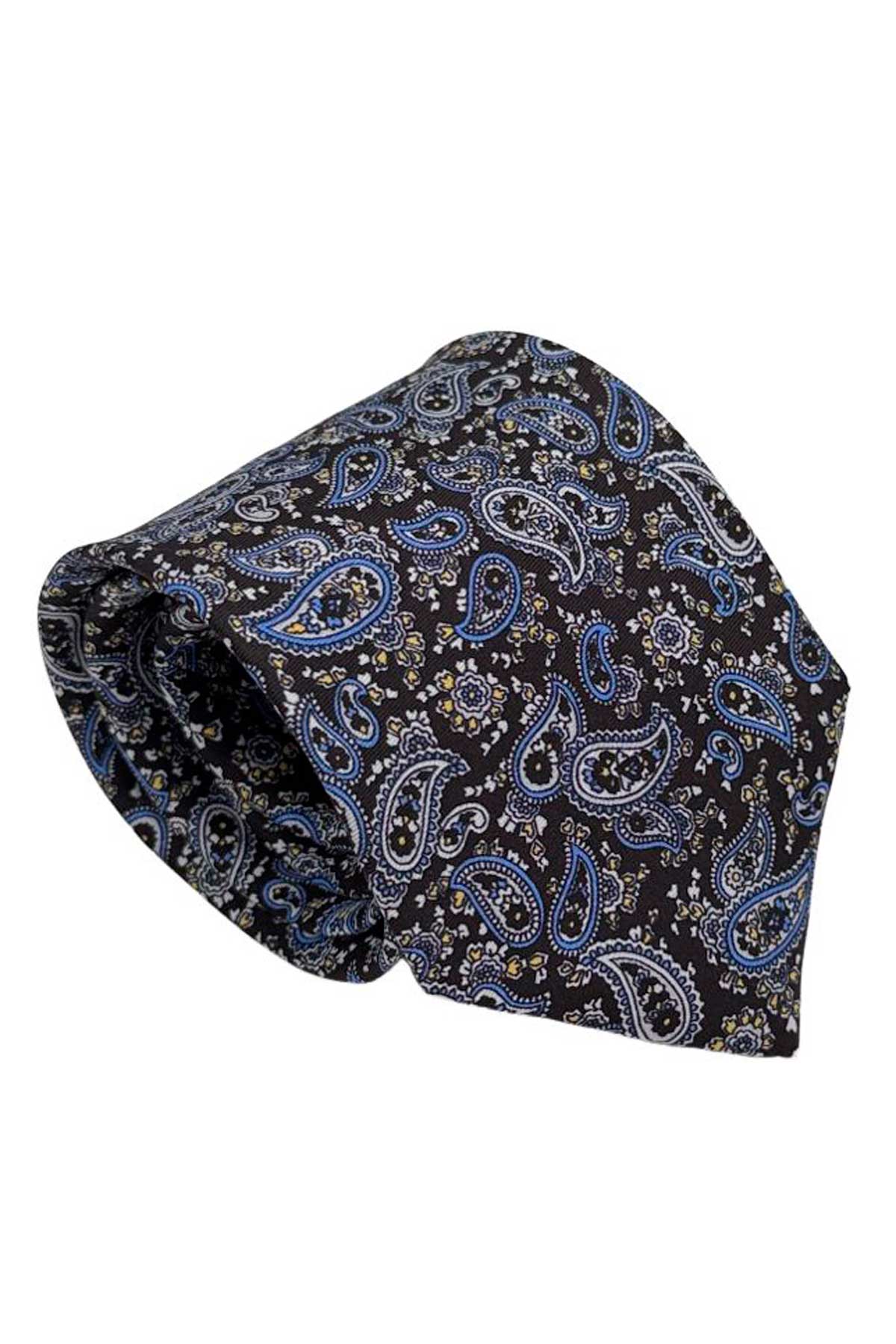 Cravatta uomo nera fantasia in pura seta cucita a mano costruzione 3 piege larghezza 9cm