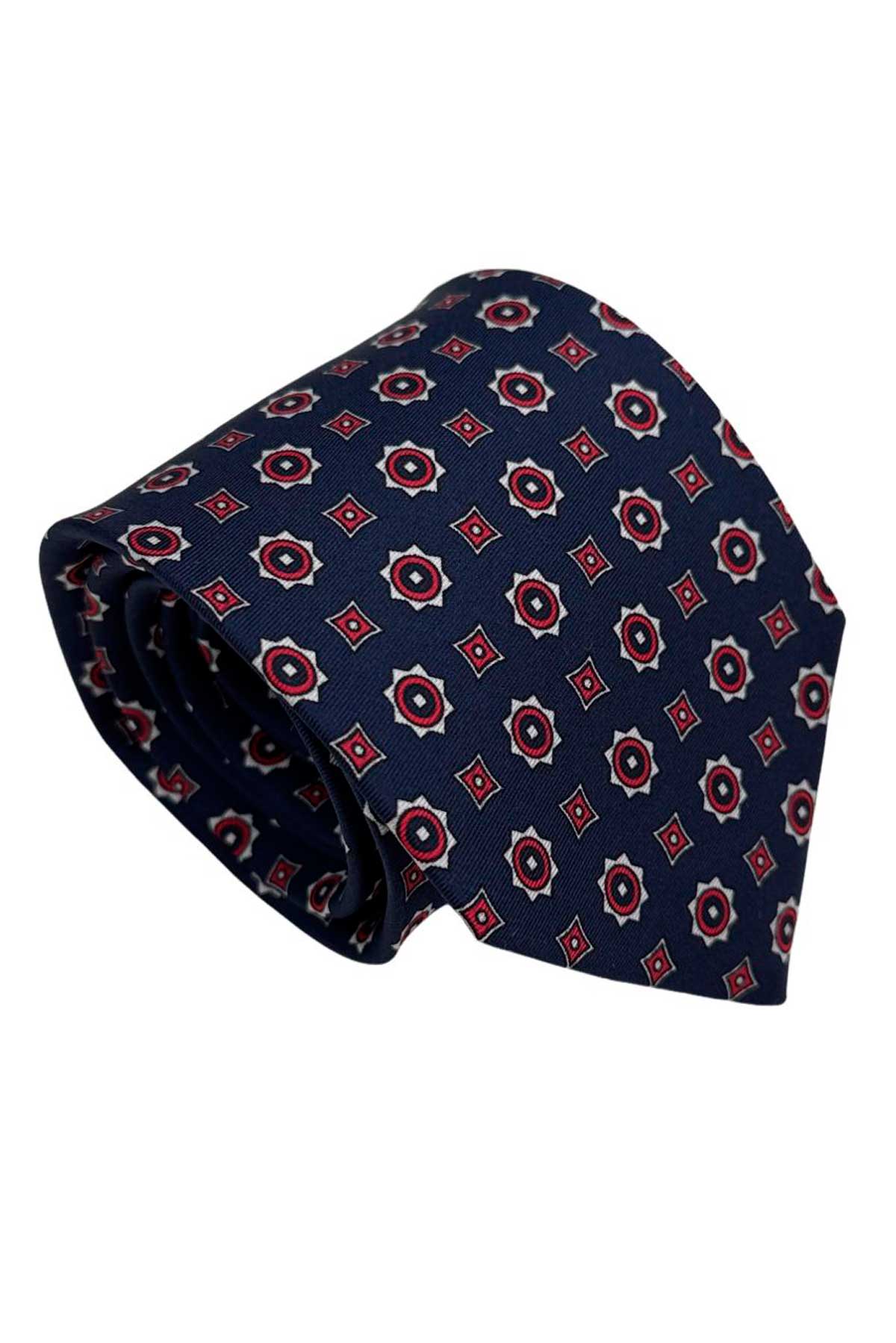 Cravatta uomo Blu fantasia in pura seta cucita a mano costruzione 3 piege larghezza 9cm