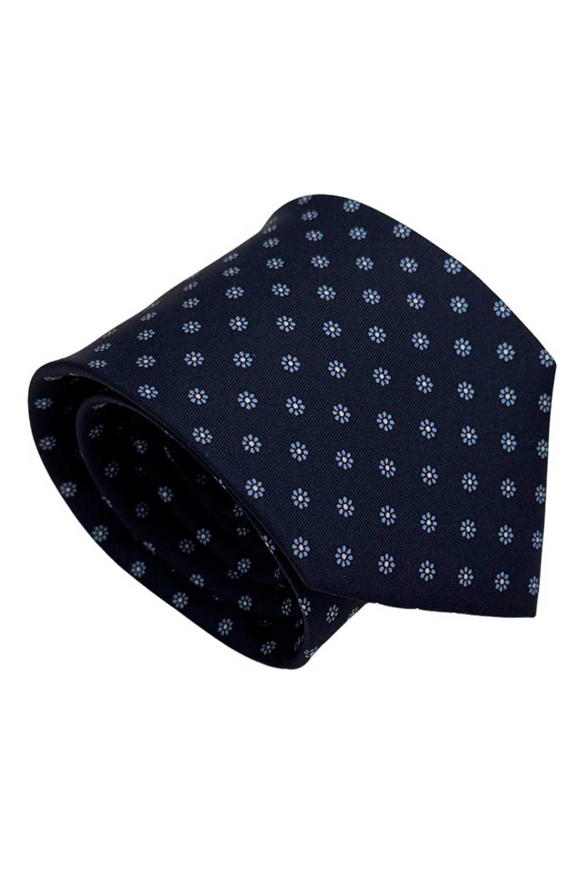 Cravatta uomo Blu fantasia in pura seta cucita a mano costruzione 3 piege larghezza 9cm
