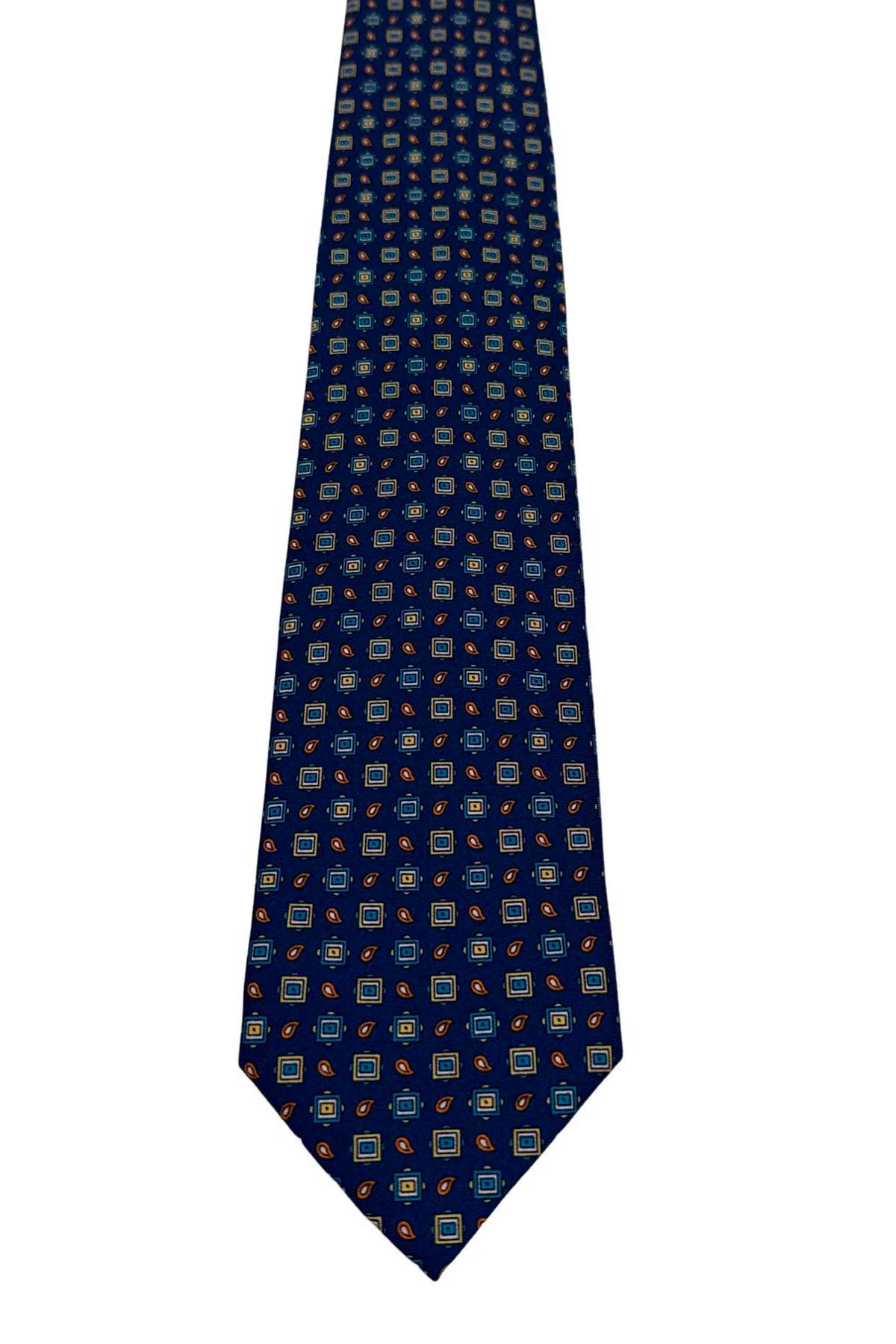 Cravatta uomo Blu fantasia in pura seta cucita a mano costruzione 3 piege larghezza 9cm