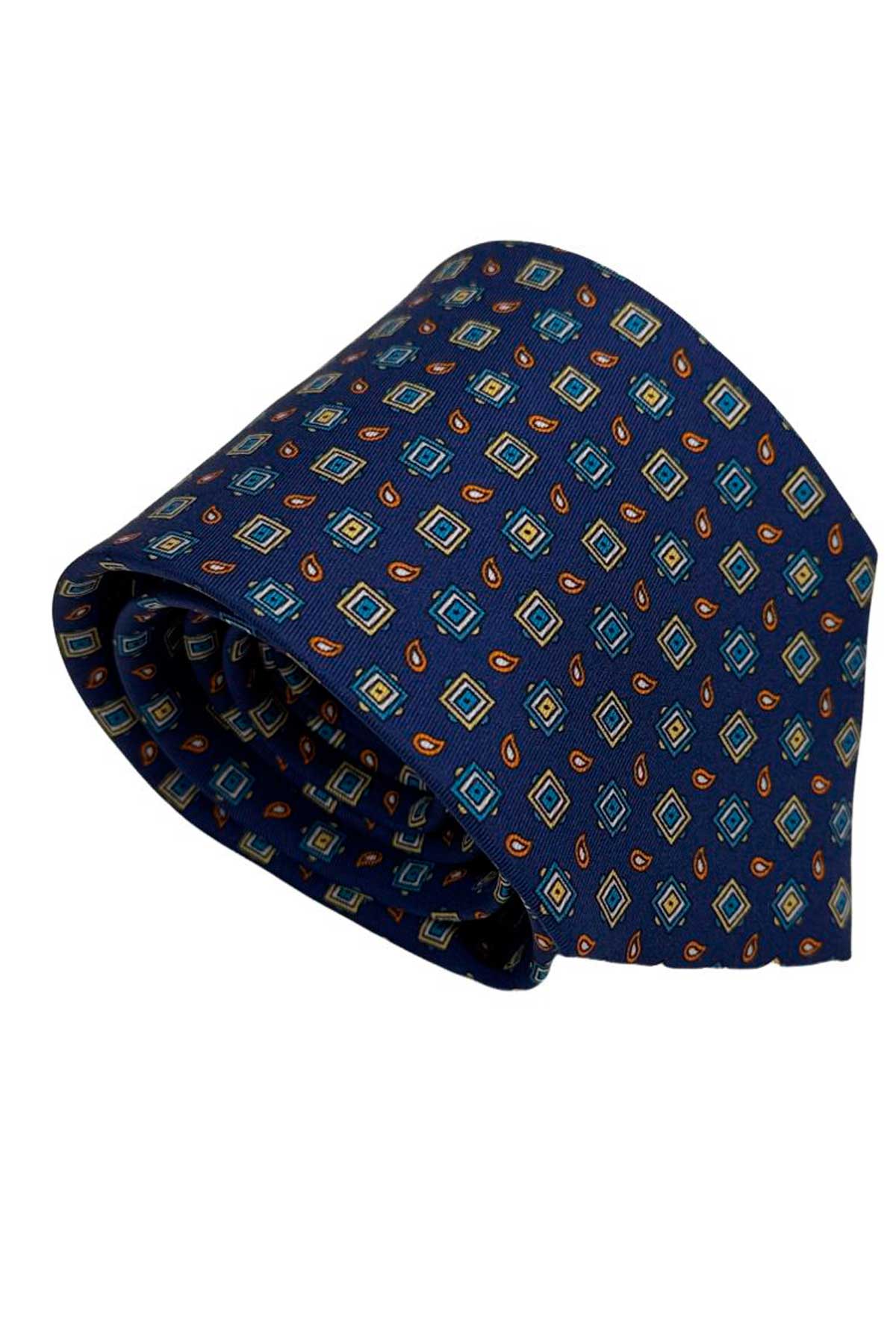 Cravatta uomo Blu fantasia in pura seta cucita a mano costruzione 3 piege larghezza 9cm