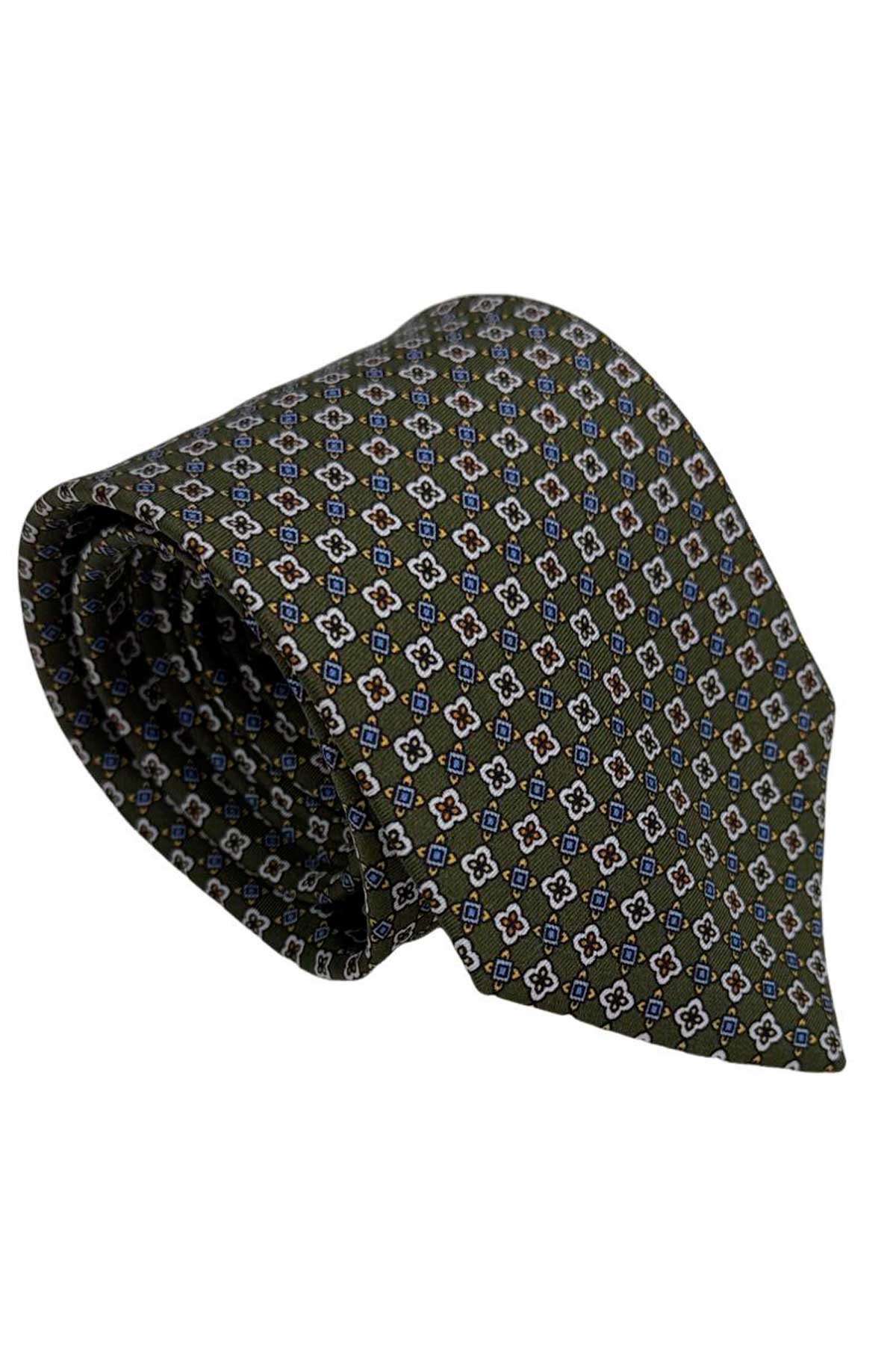 Cravatta uomo Verde fantasia in pura seta cucita a mano costruzione 3 piege larghezza 9cm