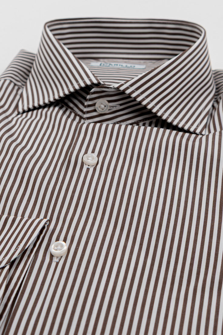 Camicia marrone a righe medie Regular Fit uomo 100% cotone popeline collo semi francese Tessuti Twill