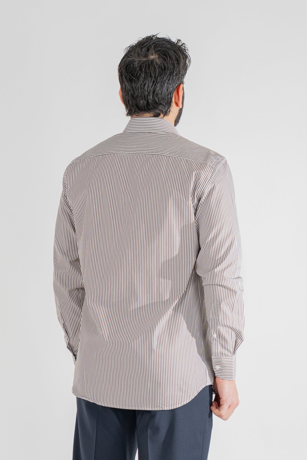 Camicia marrone a righe medie Regular Fit uomo 100% cotone popeline collo semi francese Tessuti Twill