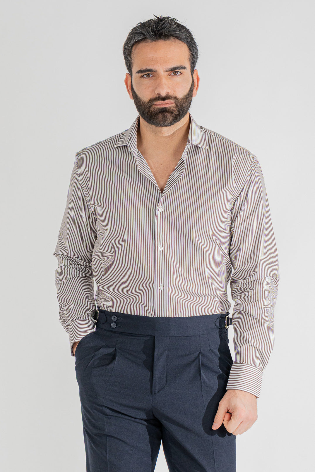 Camicia marrone a righe medie Regular Fit uomo 100% cotone popeline collo semi francese Tessuti Twill