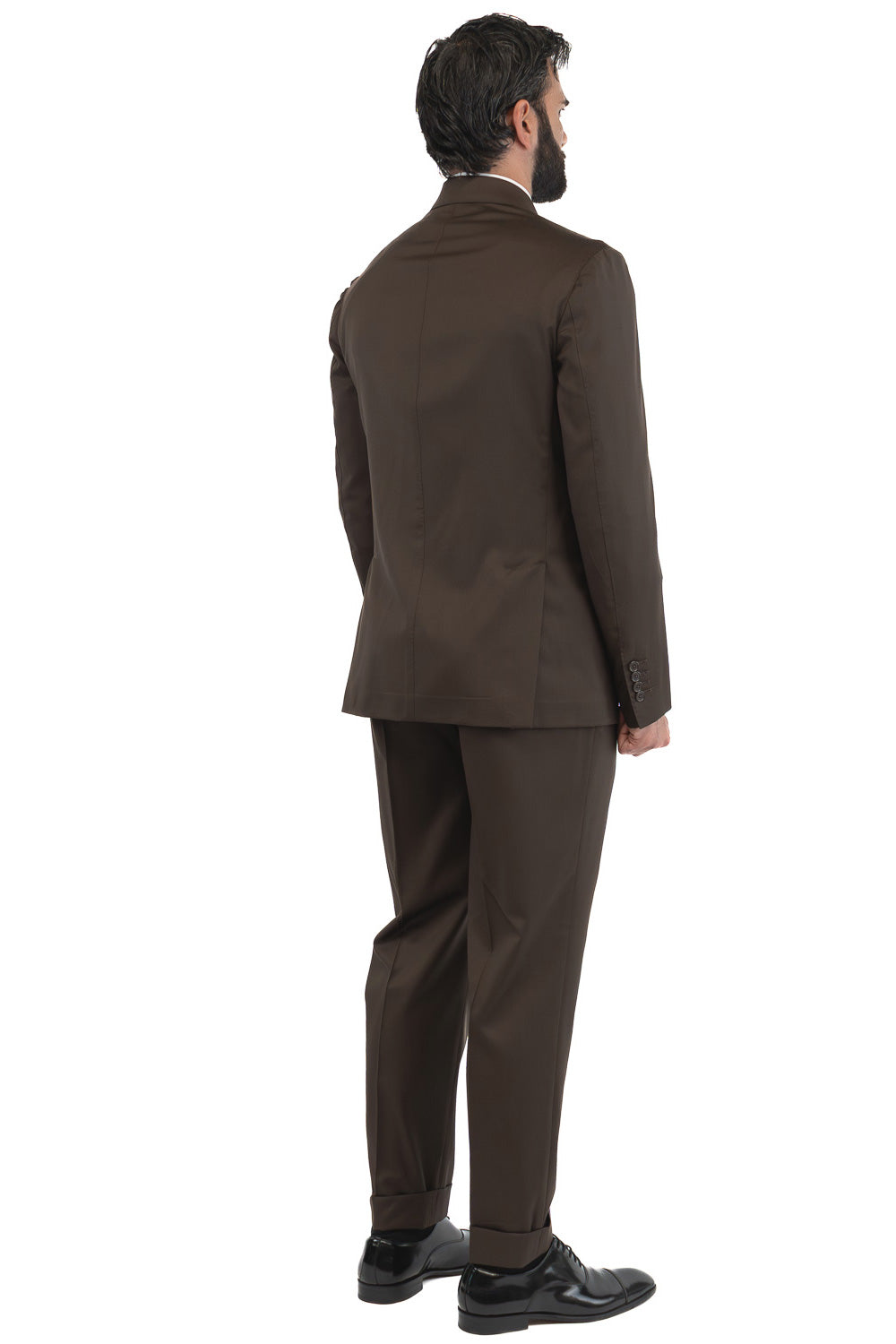 Abito uomo Monopetto marrone fresco lana super 110's Tessuti in esclusiva Sartoria Carillo completamente sfoderato con Rever a lancia e tasche a filetto